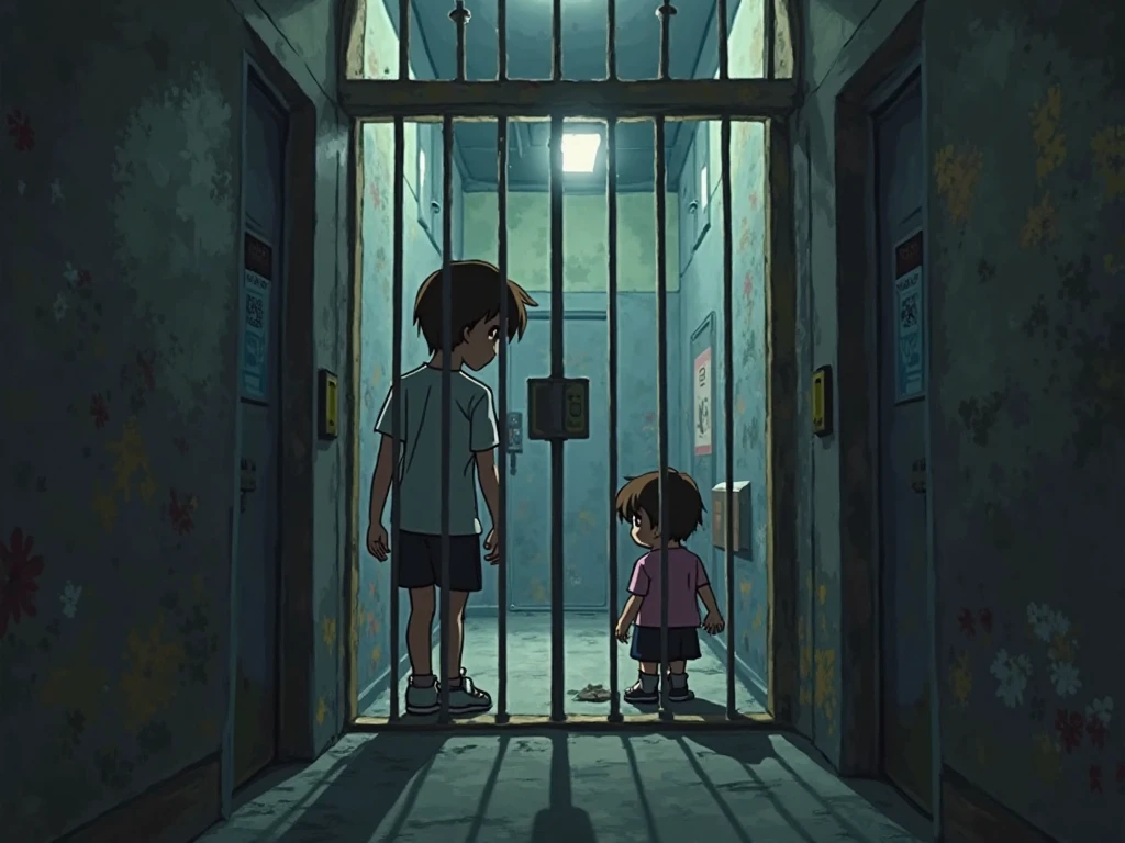 Two teenage boys are locked in cages.