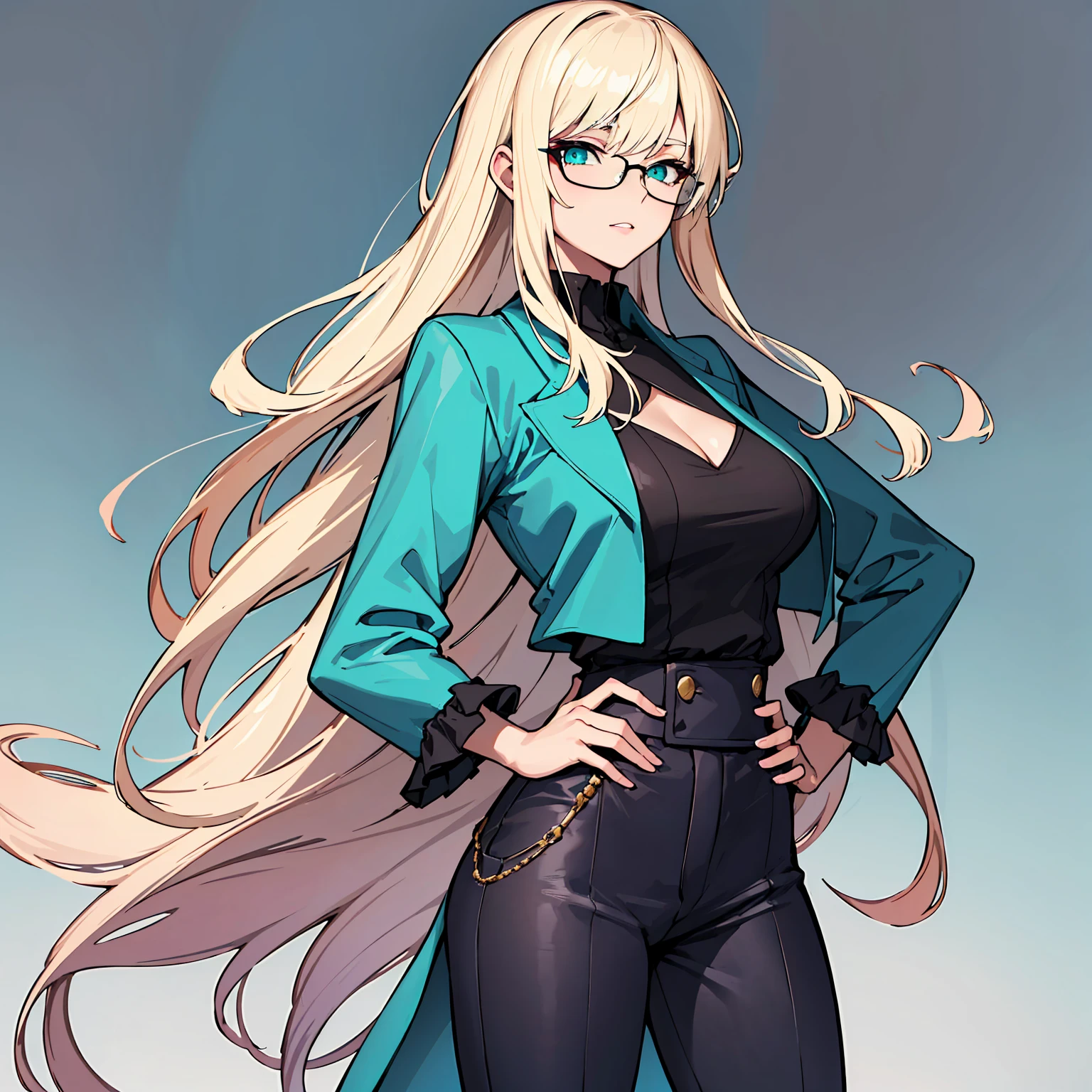 busty woman, freckles & moles, green eyes, thick eyebrows, blonde braided hair, earrings, frowning, glasses, cleavage