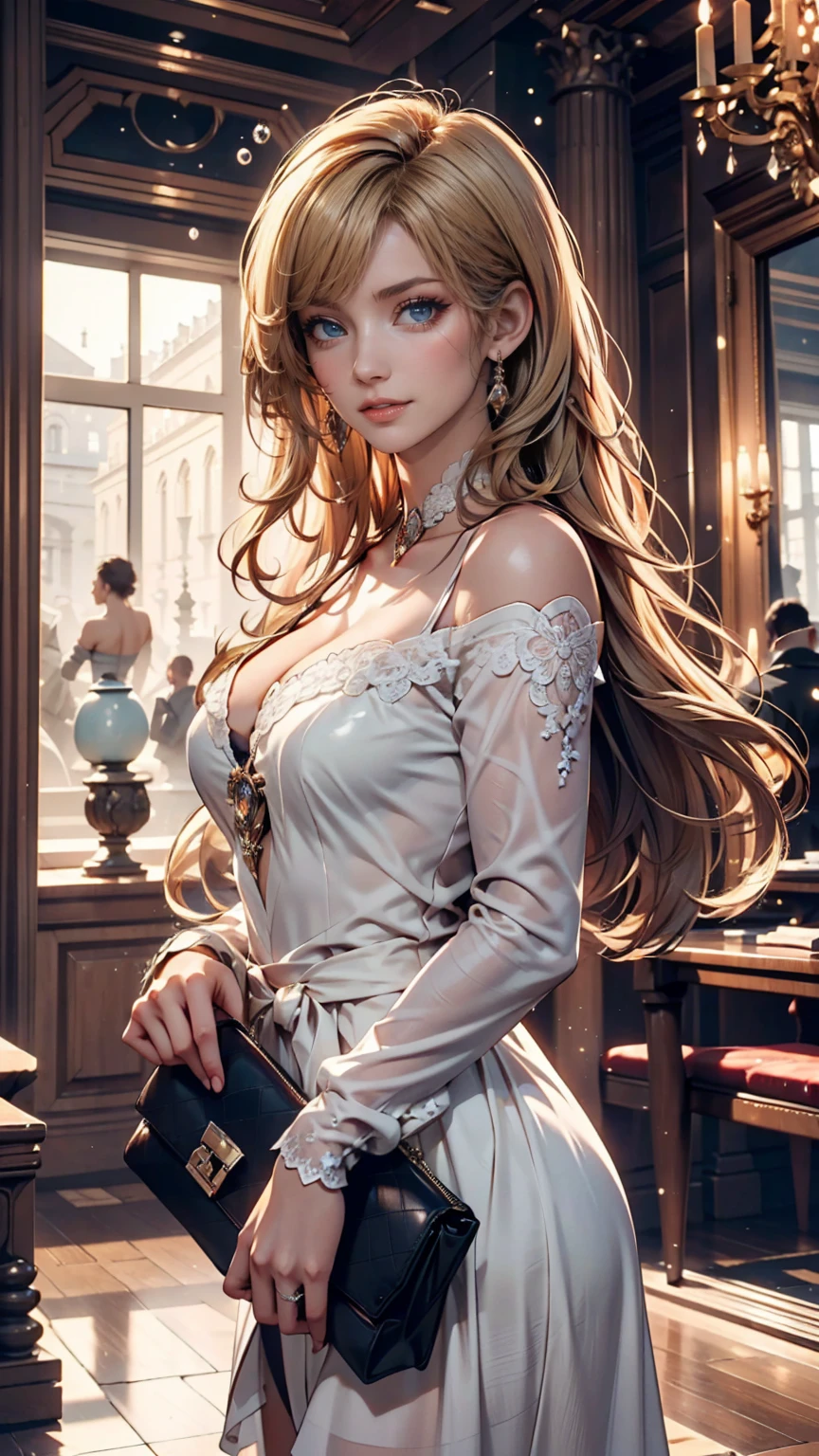 ((最high quality, 8k, masterpiece: 1.3, Ultra HD, high quality, 最high quality, High resolution, realism)) 、Marie Antoinette、Wearing Bourbon dress、blonde、Upstyle your hair、Inside the Palace of Versailles in France、Enjoy tea time in a luxurious room