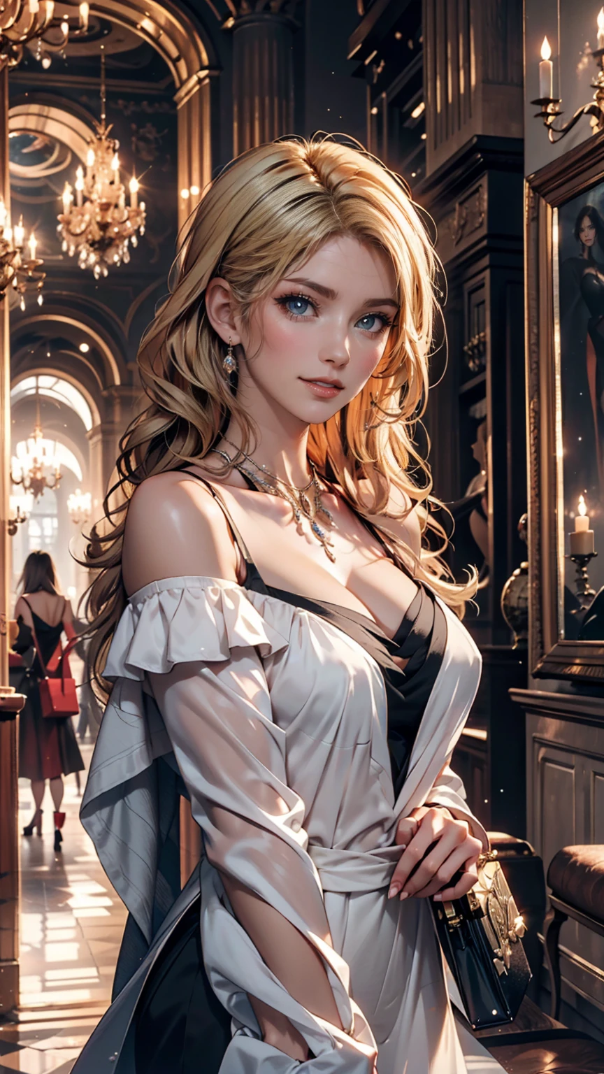24-year-old female、mature、Platinum Blonde、Tie up your hair、hair ornaments、Décolleté exposure、Cleavage Emphasis、Party Dresses、Good looking、necklace、Earrings、Sparkling、Masquerade、Masquerade mask decorated with lace((masquerade mask))、Long gloves with lace、A luxurious ballroom