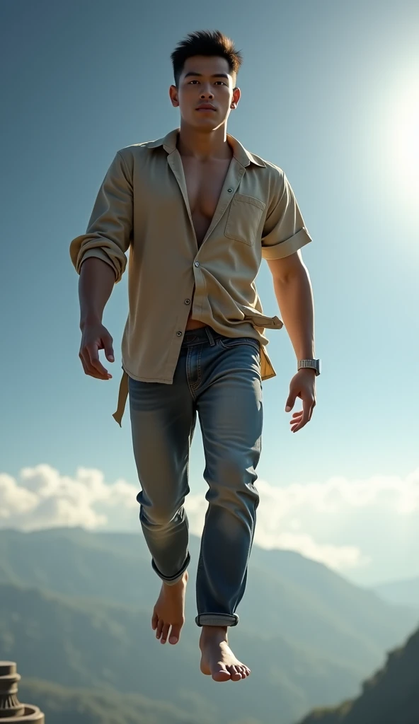 (absurdres, highres, ultra detailed), masterpiece, best quality, a boy topless, short hair, finely eye and detailed face, muscular, beach, casual clothes, sunny sky and cloud,