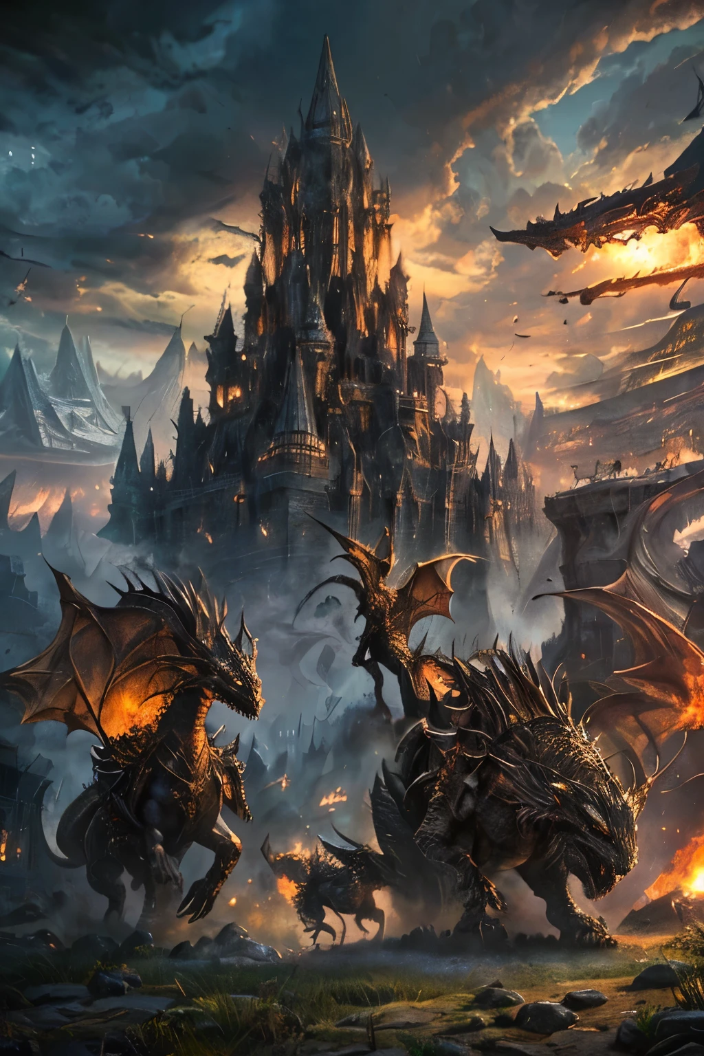 A huge army is marching towards the dark sun, with many dragons flying. The dark and massive mountain landscape provides the backdrop for the huge armored army marching in formation. Many soldiers appear in dark medieval style armor with colorful cloaks. The composition is panoramic, epic, with emphasis on the central procession with a powerful and dramatic perspective. The sky is filled with bats of different sizes and shapes, creating a threatening atmosphere. The sun is a bright and powerful sphere, with visible flare. The color scheme is soft, with soft browns, grays and oranges as the main colors. The light is dramatic, creating long shadows from the soldiers and the terrain. The textures of the armor and mountains represent different materials and textures. The atmosphere is scary and terrifying, with many bats, dark areas and powerful light sources suggesting an impending doom or epic battle.