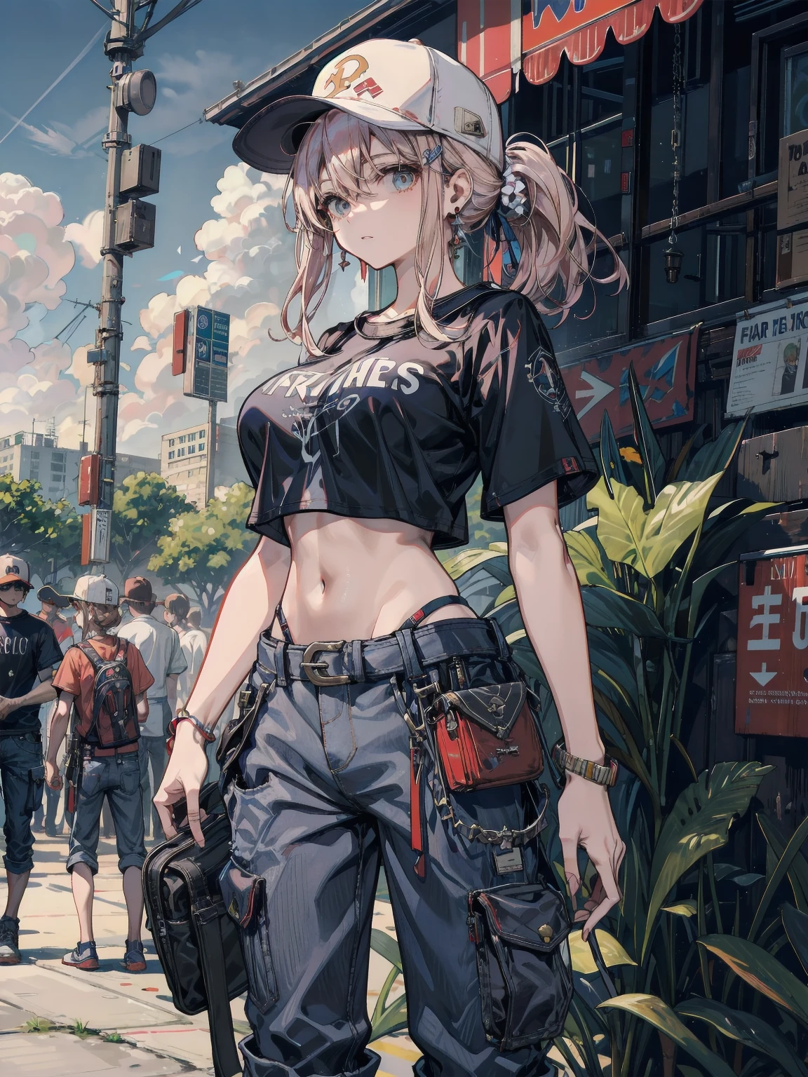 Beautiful woman medium hair、hated、cyberpunked、a short bob、a blond、White Summer Knitted Cap、 odd eye、blue right eye、Green left eye、Blue Leather Vest、Long white T-shirt、White Cargo Pants、Black Engineer Boots、head phone、Holding a pistol in his right hand、Sprint、In front of Shibuya Station、natta、Well-formed fingertips of both hands、Full body like、Colossal tits、A smile、Extend your left hand to us
