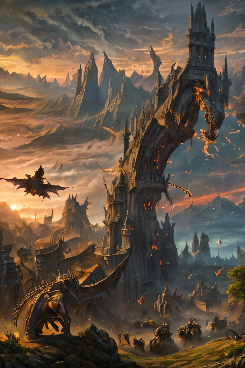 A huge army is marching towards the dark sun, with many dragons flying. The dark and massive mountain landscape provides the backdrop for the huge armored army marching in formation. Many soldiers appear in dark medieval style armor with colorful cloaks. The composition is panoramic, epic, with emphasis on the central procession with a powerful and dramatic perspective. The sky is filled with bats of different sizes and shapes, creating a threatening atmosphere. The sun is a bright and powerful sphere, with visible flare. The color scheme is soft, with soft browns, grays and oranges as the main colors. The light is dramatic, creating long shadows from the soldiers and the terrain. The textures of the armor and mountains represent different materials and textures. The atmosphere is scary and terrifying, with many bats, dark areas and powerful light sources suggesting an impending doom or epic battle.