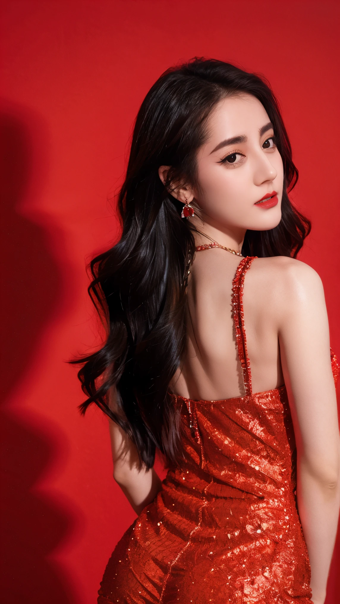 Ultra HD resolution,artistic photos,Photography,21year girl,earrings,long hair,Red background,Black backless dress,necklace,cowboy shot,H cup