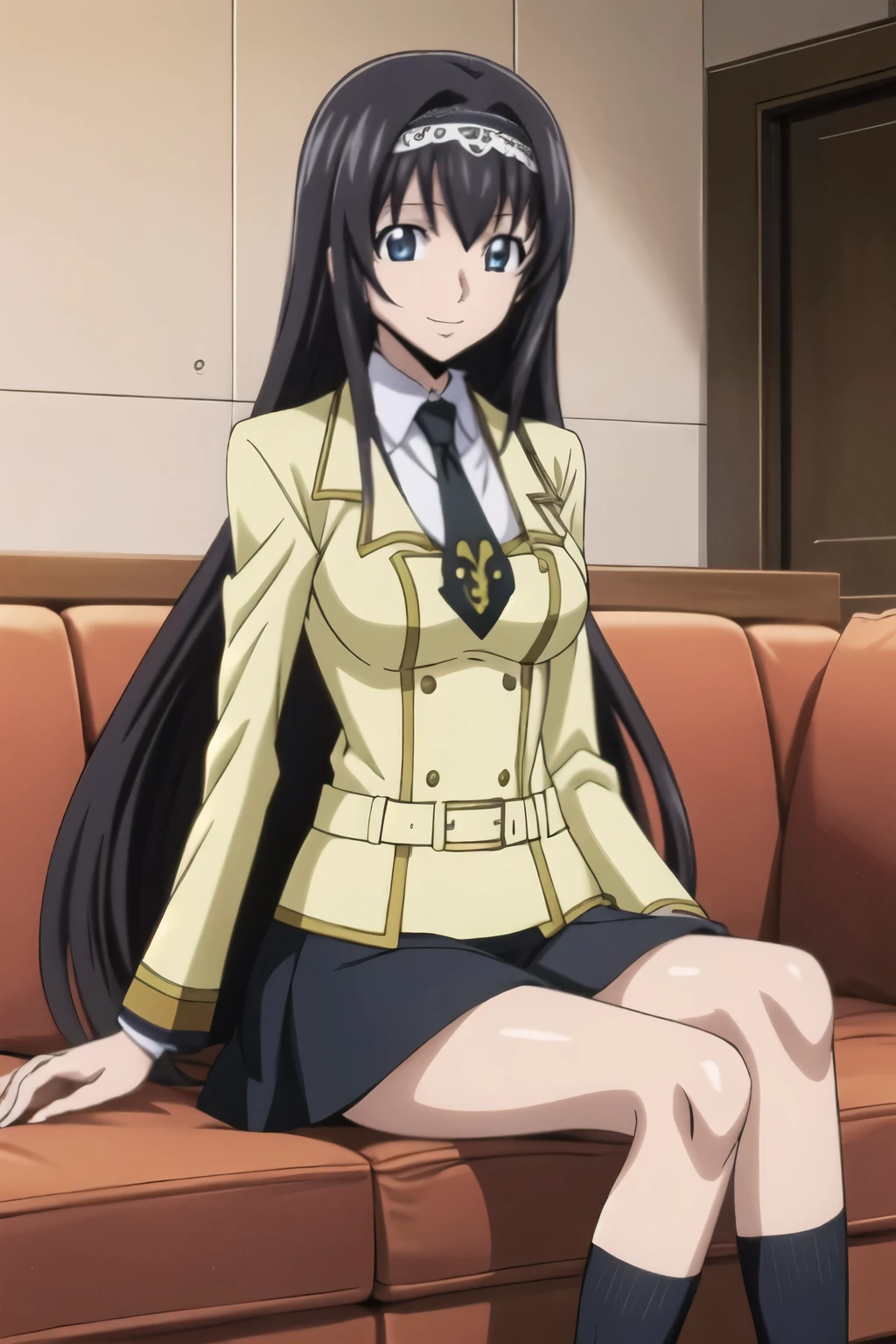 from side, 1 girl, beautiful eyes, black hair, long hair, hair band, smile, (sitting on sofa), school uniform, her room, skirt, (black socks), (Anime style, masterpiece, best quality , High Resolution , anime color , Anime style, sharp, 8k, realistic), beautiful eyes, digital animation art!!, anime style, Official Artwork , visual novel CG,