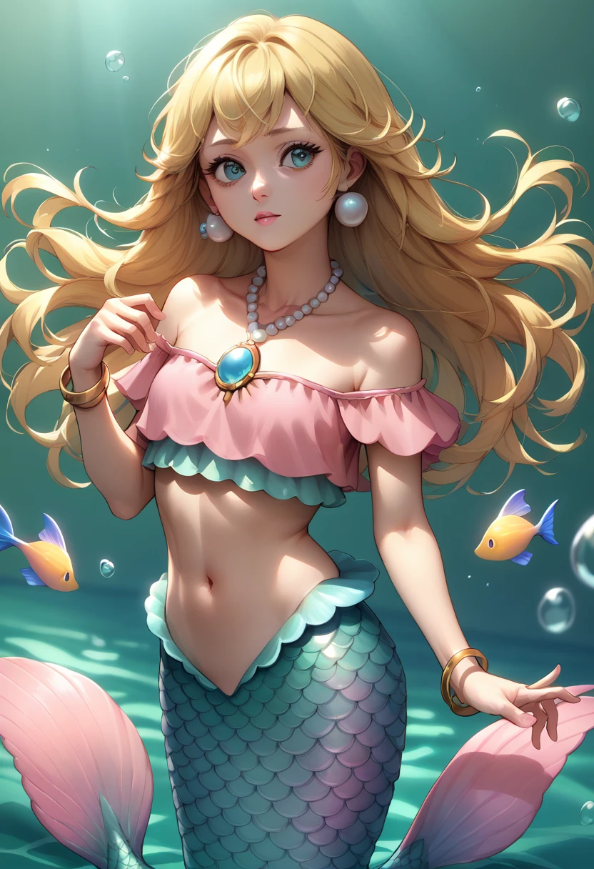 ((masterpiece,best quality,ultra-delicate,Perfect Face,16k,high resolution,very beautiful girl)),gold Long hair,mermaid,blue scales,large breasts,Little Mermaid,Seashell bra,Princess Tiara,Pearl decoration,jewel decorations,Undersea background,under the water,smile