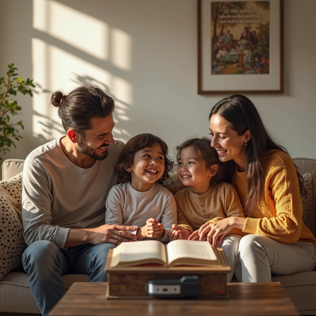Create a picture that is with 6 children with a father and mother. the other 3 children are studying ang the other 3 children is helping to do chores. With mother and father together