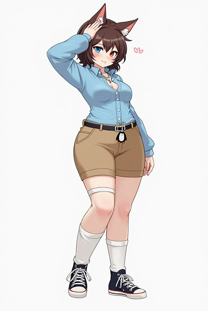 Chubby, woman, Thick waist, Large chest, Brown hair, Short messy hair, Gray cat ears on the head, Blue eyes, Gray jeans, Long purple vest , Black combat boots, Fat, Larger body, Chubby face, Be red in the face, Cleavage is visible, Chest window