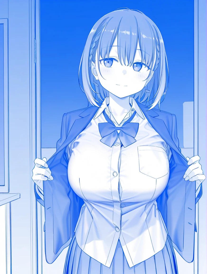 masterpiece, highest quality, (1 girl), (((chestの焦点))), ((cute eyes)), gloves, hair ornaments, school uniform, looking at the viewer, alone, chest, school uniform, turn to the side,put your hands behind your back and put your arms behind your back, school bag, evil smile,
(((monochrome))), blue line, 大きいchest, line drawing,((丸いchest)),sweat,(thin waist:1.4),(huge breast:1.4),(chestを強調する:1.5),Breast shaking,lure,(clothed bra),sweat,wet clothed,(bra:1.4),cleavage