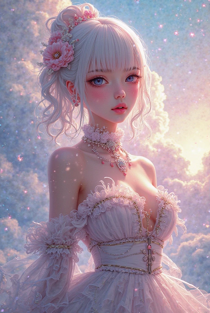 ((masterpiece)), ((best quality)), (ultra-detailed), ((extremely detailed)), 4K, (8K), best quality, a beautiful woman, ((beautiful light gray hair)), shiny hair, ((fluffy bob cut)), light blue eyes, freckled skin, flushed cheeks, 20 years old, 

1girl,flower, Lisianthus ,in the style of light pink and light azure, dreamy and romantic compositions, pale pink, ethereal foliage, playful arrangements,fantasy, high contrast, ink strokes, explosions, over exposure, purple and red tone impression , abstract, ((watercolor painting by John Berkey and Jeremy Mann )) brush strokes, negative space,