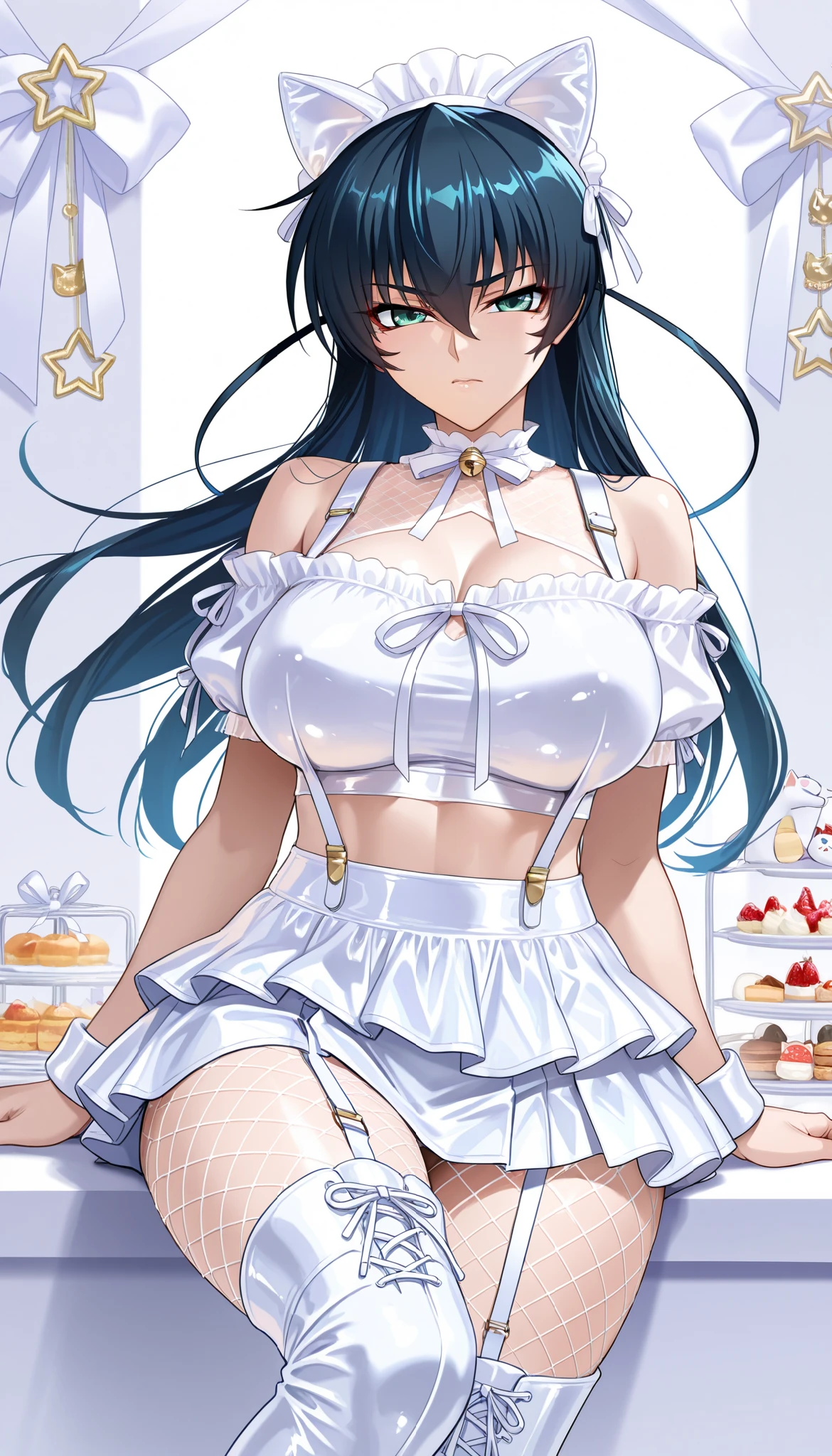 ((Best quality)),((highly detailed)),masterpiece,detailed face,beautiful face,(detailed eyes, deep eyes),amazing beautiful face,happy face,grin, blue eyes,collarbone,long legs, long hair, standing, <lora:HOTD_v0.4:0.7>,busujima saeko, thong, naked apron, frilled apron,<lora:more_details:0.6>,(vivid,colorful:1.1), finely detailed, detailed illustration,intricate,