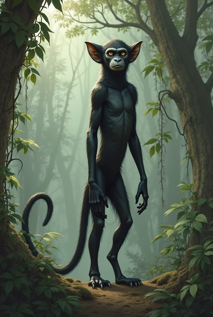 Create a person in a jungle with very big eyes, longer than normal arms, long fingers, height of two meters, green skin, long wavy hair, in loincloth, and with an arrow in his hand,  that is tender, thin and monkey-tailed man