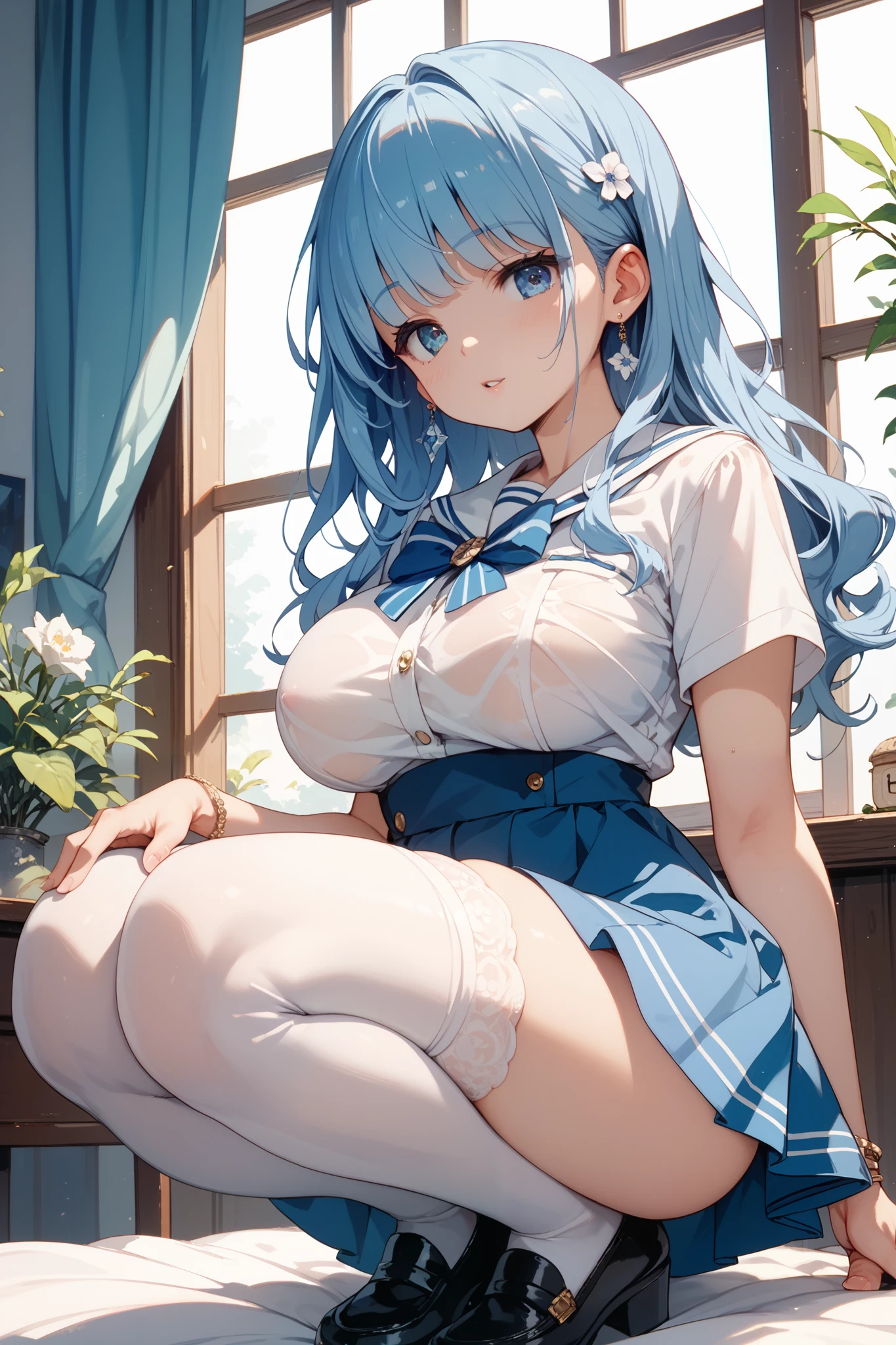 ((from below)),best quality，high resolution,side ponytail,blunt bangs,looking at viewer,nsfw，screaming、(crying),show off nipple,areola slip,(white panties)),dirndl,small breasts,((((skirt lift))))、((steam)),黒のdirndl、Double bun,Long bangs、blue hair、short 、1 person、(blue hair)、青いeye、タレeye、 ((((Sweat))) 、white skin、(((blush))),((((sitting))))