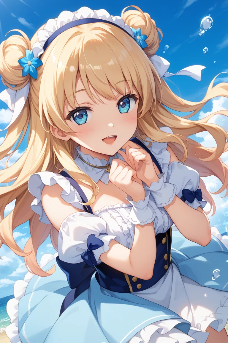 Magical girl around 12 years old、blonde。small breasts、ribbon、apron dress、frills、white pants、Roll up your skirt、大きなribbon、blue dress。