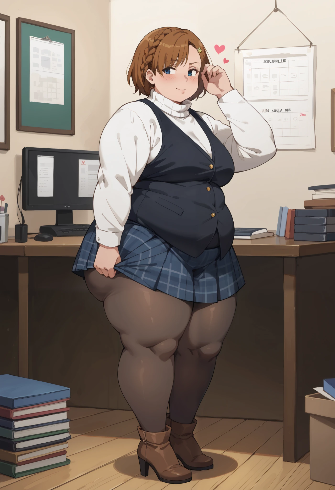 (1 girl, solo) () source_western, wide hips, obese, leaning over,(dark hair) (high heels), (asymmetrical bangs)short hair, braid, white turtleneck, long sleeves, black vest, plaid pleated skirt, black pantyhose, brown boots office background, ), (from the side), Random hair color, , looking at viewer,, (), (skindentation), () (specular and volumetric lighting:1.3) (sunbeams:1.1) (deep shadows:1.1) (candid picture:1.1) (art by norman rockwell)((Phyllis Ginger)), flickr, op art, ((susan hayward, linda wilder, sigourney weaver, judy garland)) fat girl, (hearts around her head), (covered midriff:1.2), hanging belly, belly, immobile, ,obese, fat, fat rolls, big belly, thick arms, thick thighs, bellyfat, morbidly obese, she has a massive jiggly round fat belly
