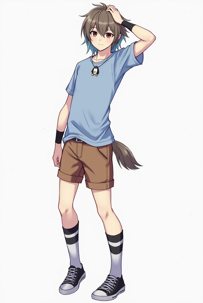 score_9, score_8_up, score_7_up, high quality, hires, male, solo focus, domestic dog, (brown body, blue eyes, white short hair, detailed eyes, floppy ears, tail), shorts, white shirt, yellow beanie, smug, looking at viewer, fangs, (golden earrings),