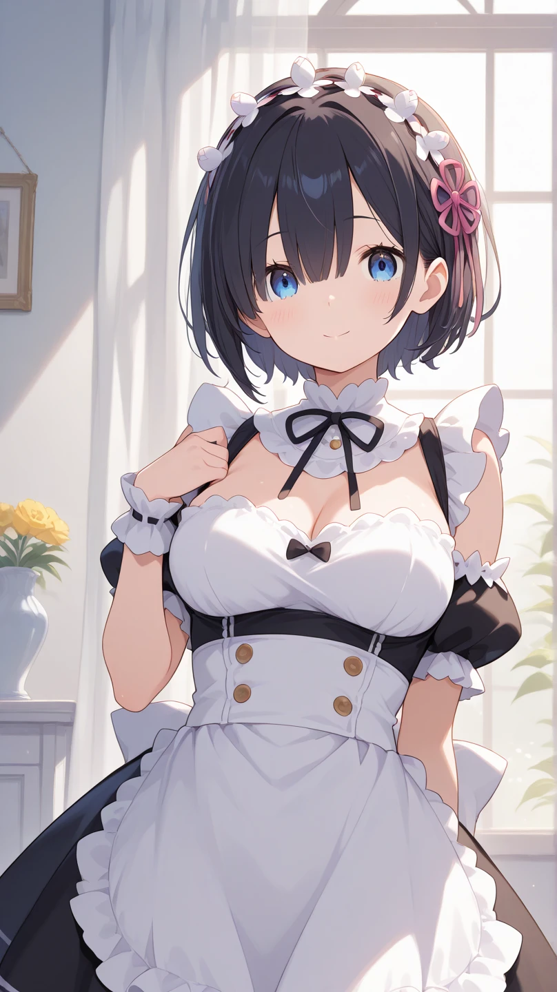 Main piece、high quality、High resolution、1 girl,single, Ruka Sarashina、jewelry、skirt、Maid uniform that exposes the breasts、Japan maid café、black hairの女性、short hair、black hair、black pantyhose, blue eyes, long sleeve, blue hair band, bangs, big full breast, cleavage, Medium waist, medium hips, wide thighs, Cowboy photos, smile, fascinating, embarrassing, blush、lots of people, looking at the viewer,From above、high angle,very big breasts、cleavage、no bra、no panties、no panties、非常に短いskirt、nipple、nippleを出す、nippleからミルクが吹き出す、nippleからミルクが滴る、whole body、whole photo、put one's chest on a tray、put one's chest on a tray