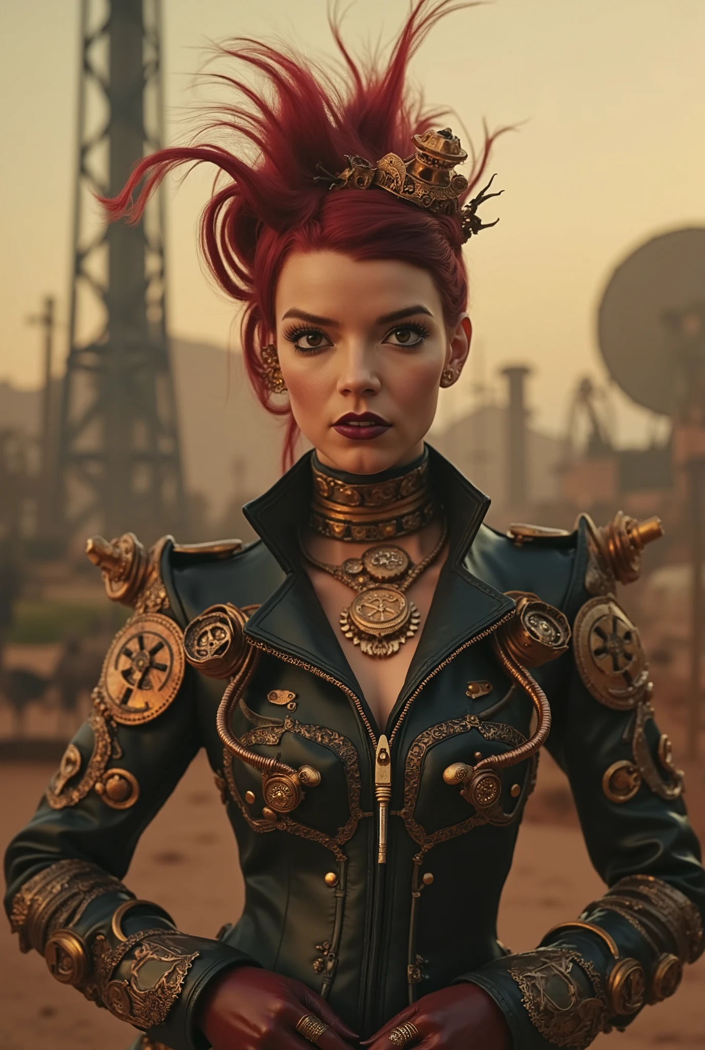 best quality, highres, 4k, 8k, amazing quality, Photo full portrait of photo real. black and red steampunk woman. steampunk background. “full body portrait