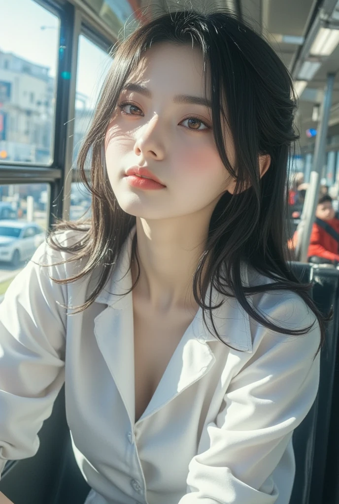 Highest quality, masterpiece, Ultra-high resolution, (reality: 1.4), Original photo, One Girl, mature, White JK, Smile, short hair, Large Breasts , Plump body, Button gap:1.5, sit in a train seat, Cinema Lighting, Horizontal sheet, View from the train window