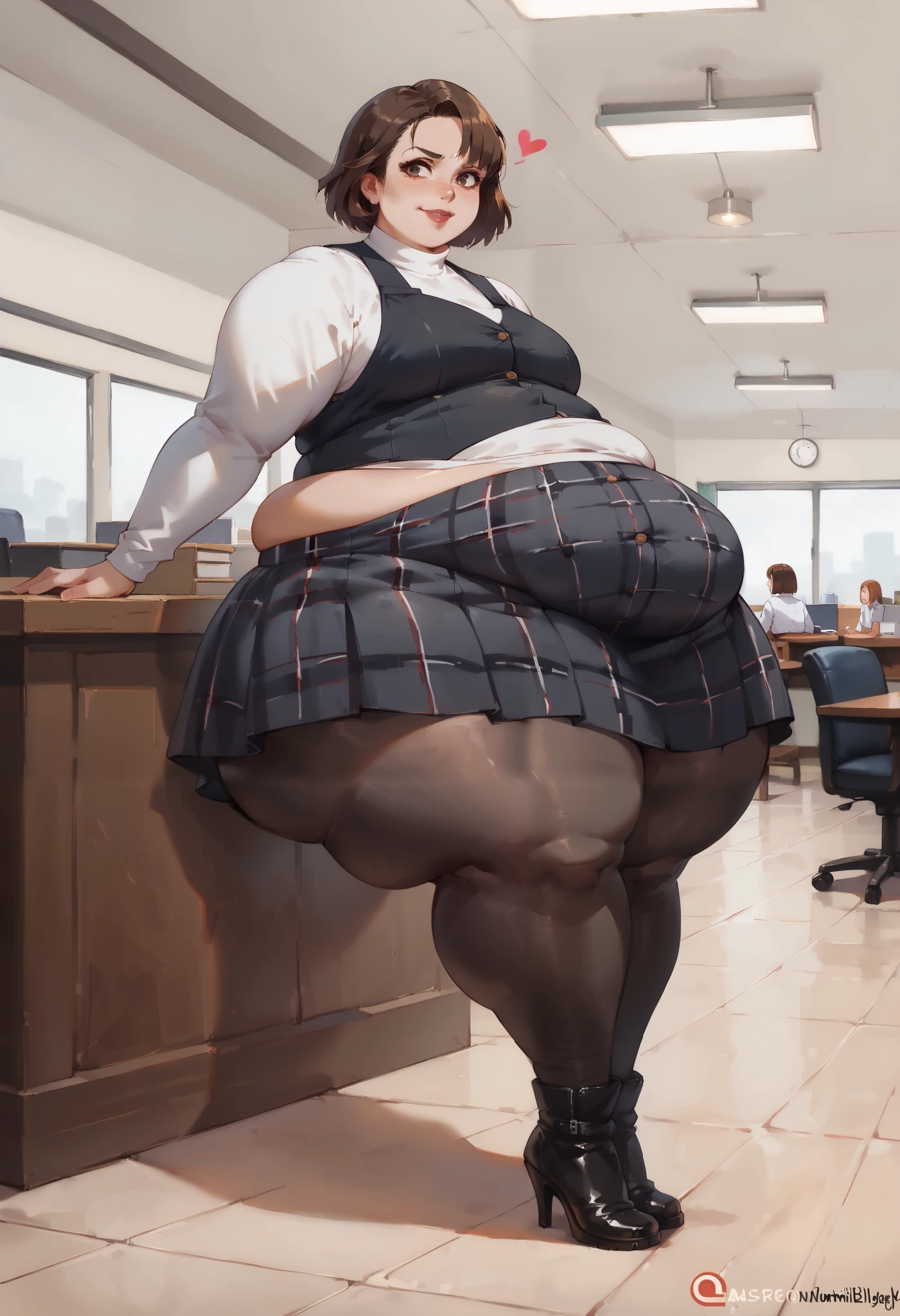 (1 girl, solo) () source_western, wide hips, obese, leaning over,(dark hair) (high heels), (asymmetrical bangs)(short hair, bob cut, dark hair, white turtleneck, long sleeves, black vest, plaid pleated skirt, black pantyhose, brown boots) (office background, ), (from the side), , looking at viewer,, (), (skindentation), () (specular and volumetric lighting) (sunbeams:1.1), (art by norman rockwell)((Phyllis Ginger)), flickr, op art, ((susan hayward, linda wilder, sigourney weaver, judy garland)) fat girl, (hearts around her head), (covered midriff:1.2), (covered belly:1.2) hanging belly, belly, immobile, ,obese, fat, fat rolls, big belly, thick arms, thick thighs, bellyfat, morbidly obese, she has a massive jiggly round fat belly