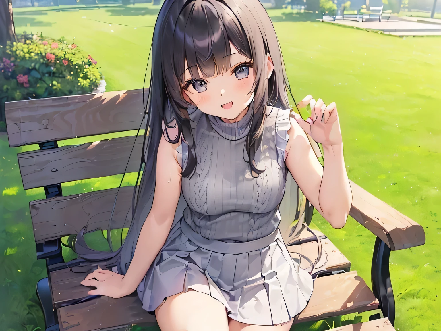 Anime girl sitting on a bench in a park with a green lawn - SeaArt AI