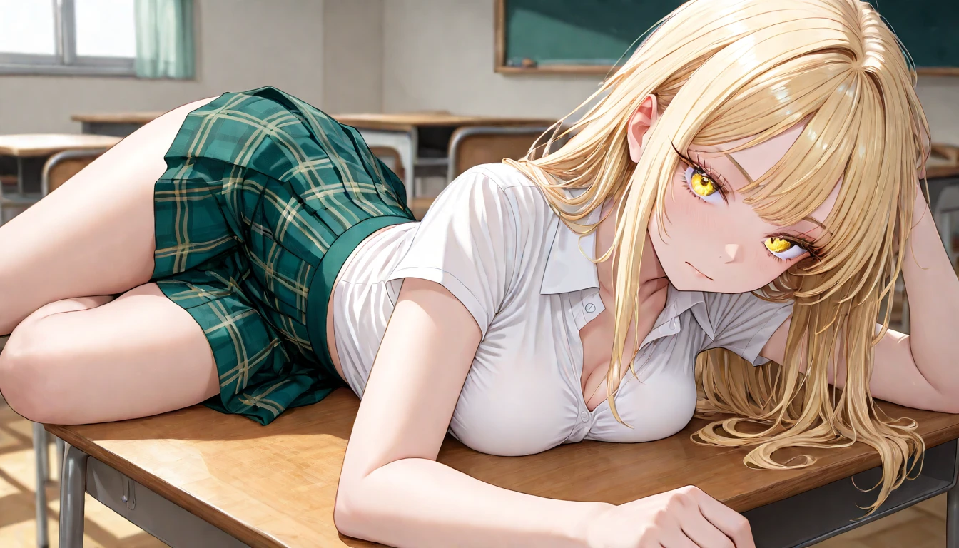 Blonde student, green-eyed and sexy in the classroom