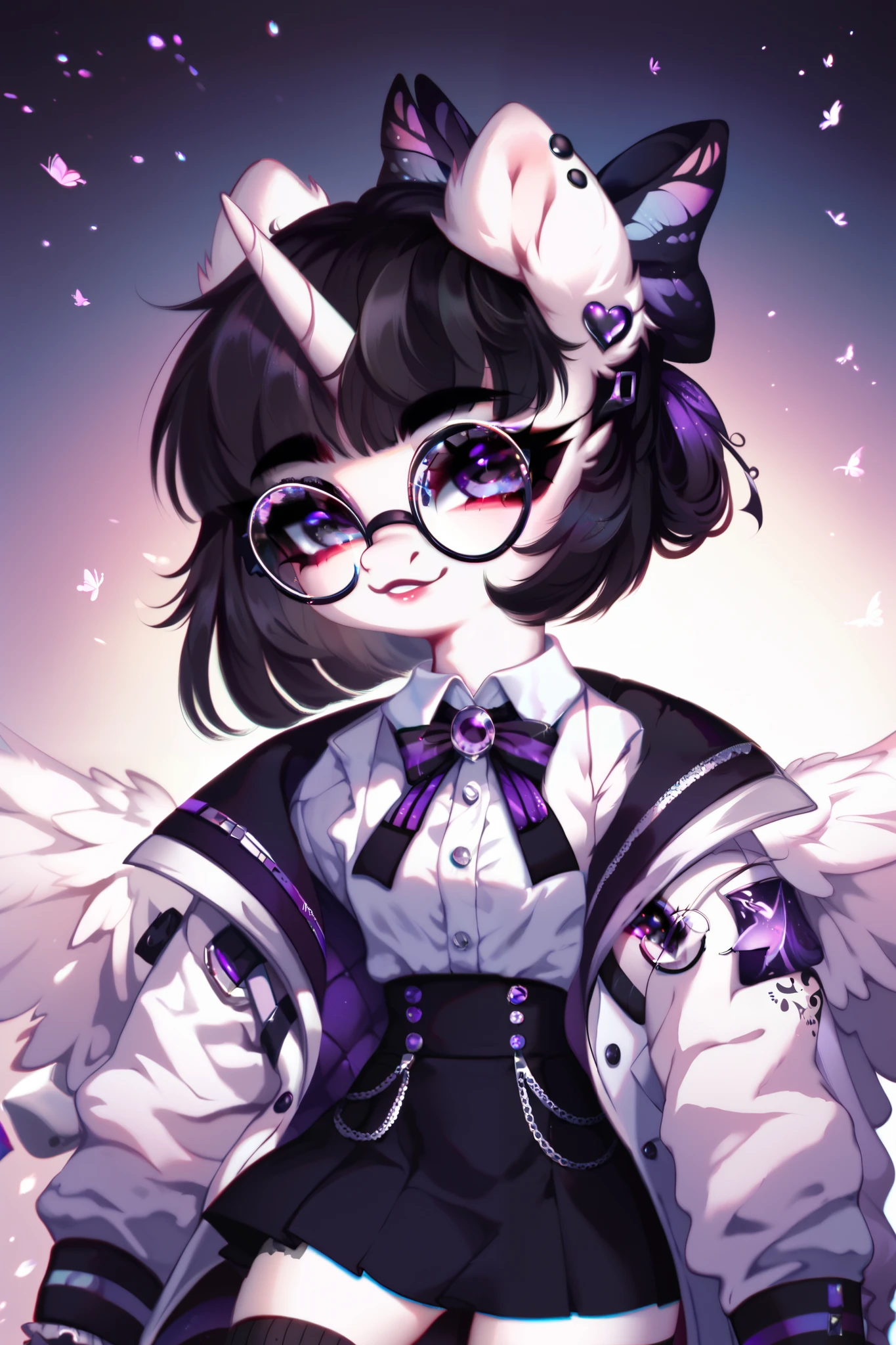 pony , white coat color, , black hair shines purple, horn, hornа, wings, hair bow, black ear tips, round glasses, left eye pink , right eye purple , black skirt, blazer with a white shirt and a red butterfly, black and white striped stockings, makeup, sexy look, cute soft face,