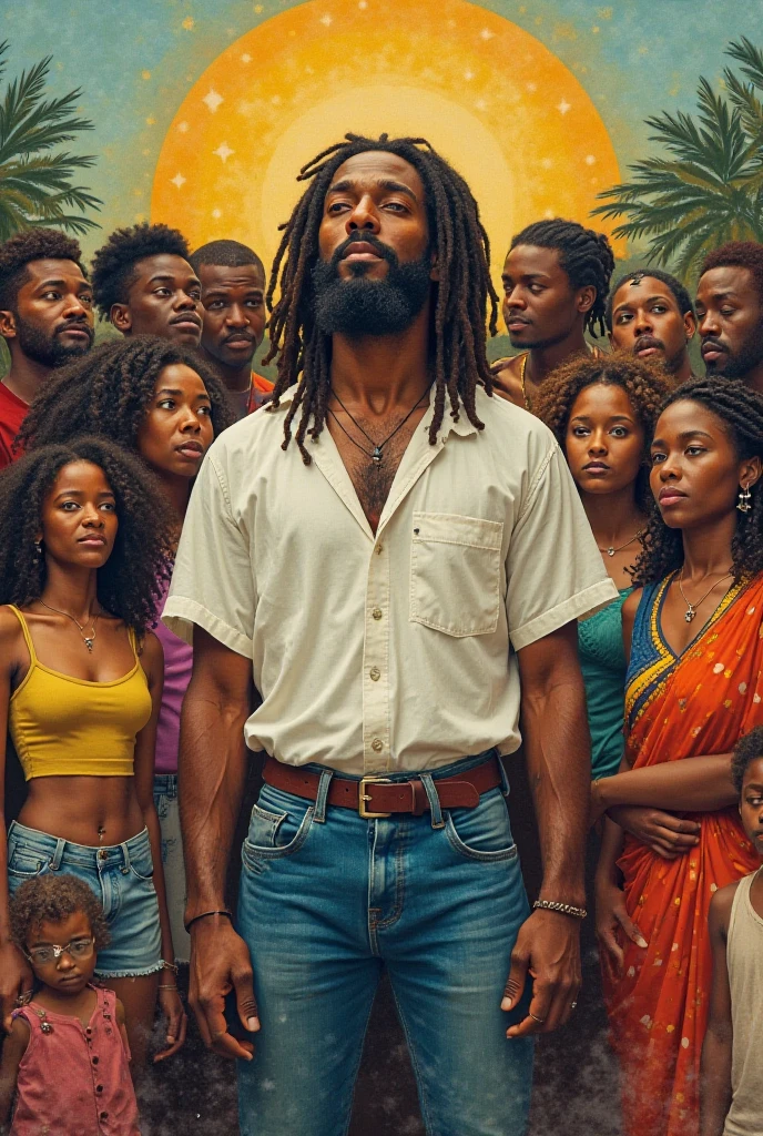 "A powerful representation of Jesus with black skin and afro hair surrounded by a diverse crowd, radiating compassion and unity to emphasize the deep message of history."