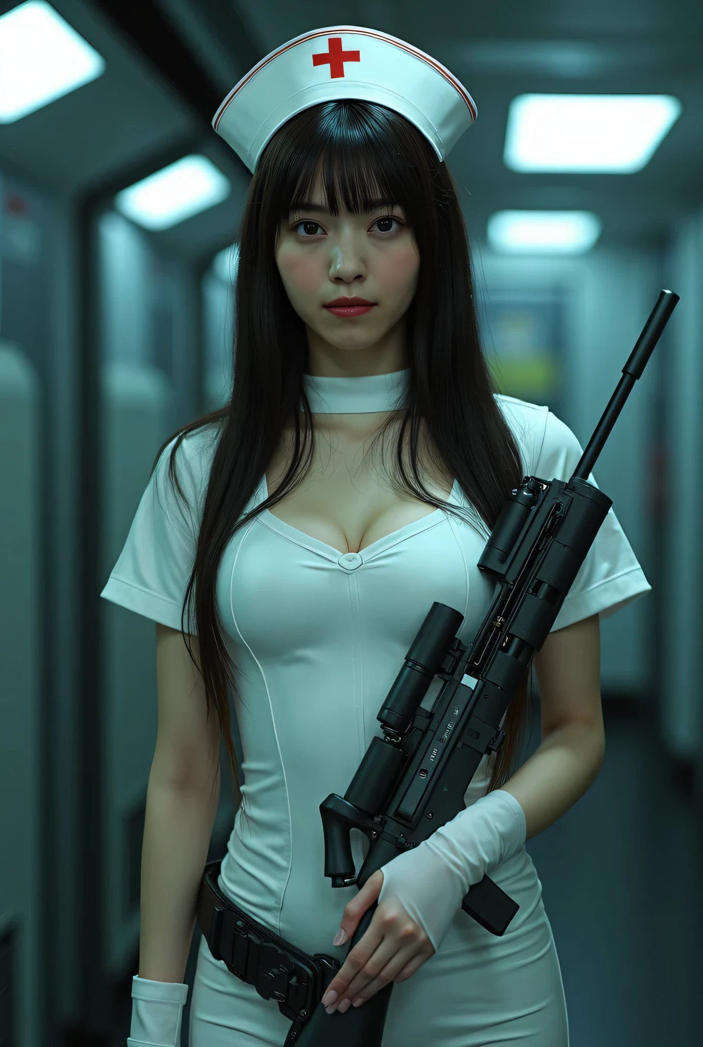 (((White nurse cap:2.0))),(((The dark interior of the Nostromo ship :2.0))),((( HR Gigger style cyberpunk atmosphere :2.0))),(((holding a syringe-style rifle:2.0))), standing,((full body:2.0)),one woman,(Cute Face),(Beautiful well-balanced face ),((long hair with bangs:2.0)),( black hair:1.5),(beautiful eyes:1.3),a glamorous shot of a 20-year-old Japanese woman, Slender Beautiful Body ,((model body type:2.0)),(( slim body with hot water:1.7)),perfect body line,ideal proportions,((big breasts:2.0)),((F cup chest wearing:1.5)),Big Breasts,Bare thighs,sensual thighs seen from below the crowd,delicate body,( Muscular:1.7),A harmonious posture,((Realistic breast depiction :1.7)),carefully depicting limbs based on perfect anatomy,((white super high leg plug suit in the style of a near-future nurse suit:1.5)),((white super high leg plug suit made of fitted cammy latex:1.5)),(((White nurse cap:2.0))),((Tactical Holster:1.5)),Concept Art,(Top Quality:1.5),(masterpiece:1.5),(Ultra-high resolution),resolution,UHD,( delicate depiction), carefully drawn with butterfly wings ,32K,((realistic skin texture:1.5)),((( super realistic :1.5))), eyelashes,highly detailed face with a woman,Highly detailed female hand, Sexy appearance ,Very sensual,(Blurry Dim Backgrounds :1.5),professional photo shoot,(movie light:2.0),((Blade Runner-style lighting:2.0))