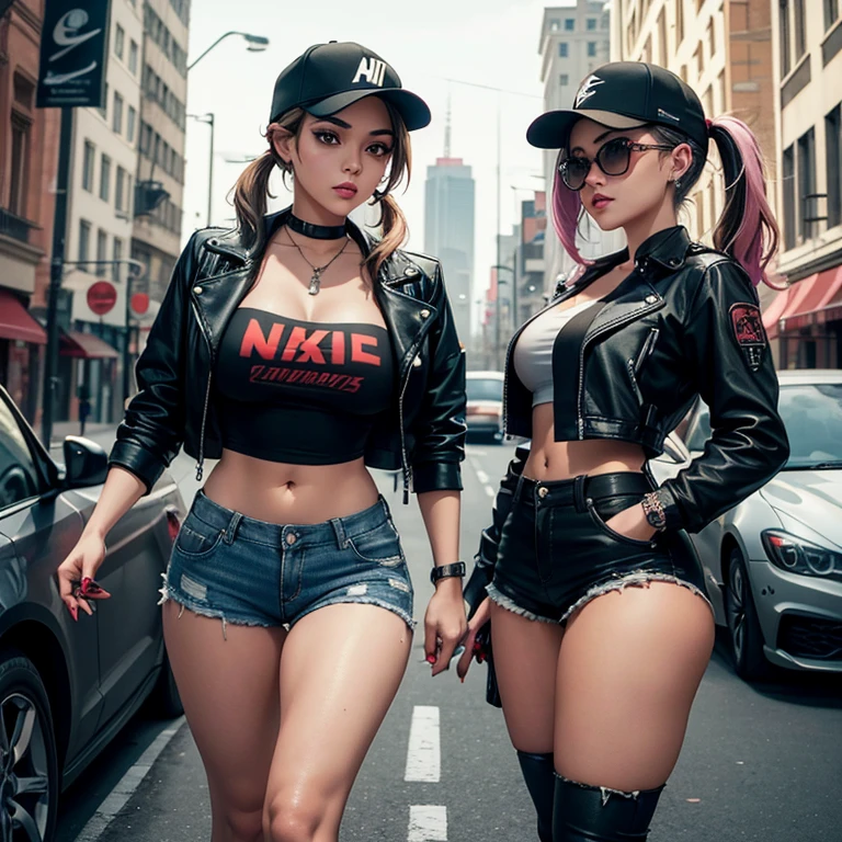 (CRU photo, best qualityer, work of art:1.2), (realisitic, photo-realisitic:1.4),(work of art:1.4),(best qualityer:1.4), ((cyberpunk sexy girl)) standing alone, :d, (earbuds), bangss, blush, ((colorful body harness)), breasts big, ((dynamic pose)), cowboy shot, (((cyberpunk city streets background))), hair intake, earbuds, long hair, gazing at viewer, side locks, ssmile, (((tight slit))), thicc thighs, twintails, very long hair, White hair,Alice \(to wave\),(shining skin),realisitic.