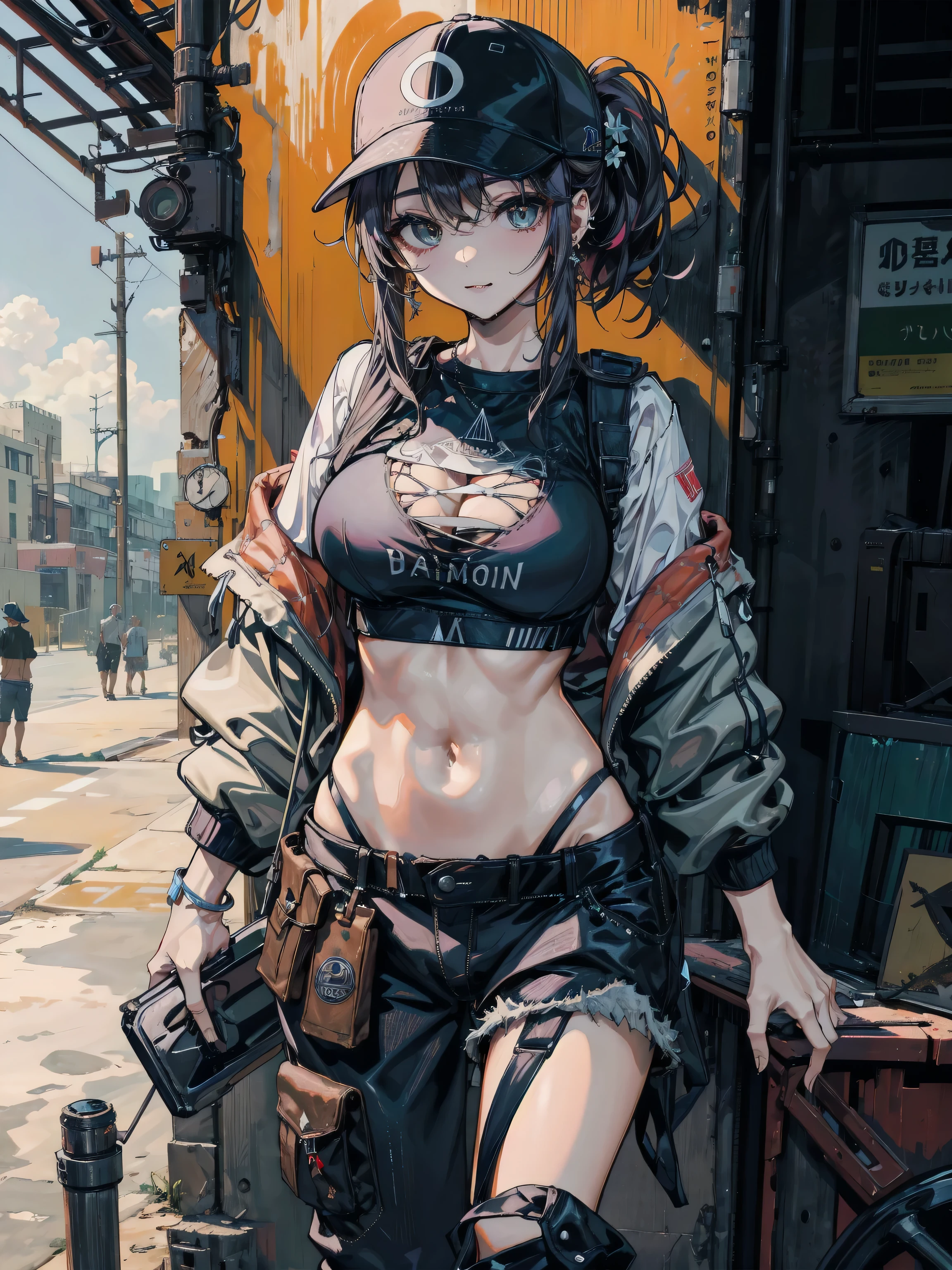 1girl in, (Solo:1.2), [slim], (Small chest), pale skin, ((Detailed eyes)), (bokeh effects), (Dynamic Angle), Dynamic Pose, (deserted city、[JR Utsunomiya Station］Signs of 1.3), Short curly hair, Leather jacket, Ripped jeans, High boots, (backpack), knife holder, (a gas mask:1.2), (ruined buildings), (dark and cloudy sky), Dirty hair, (Wasteland:1.3), Dirty hair, radio, ((masutepiece))
