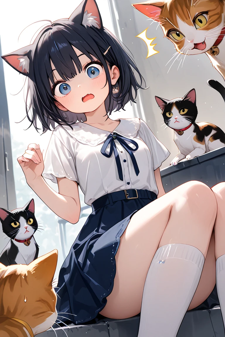 girl surrounded by cats 、Cat ears、is surprised