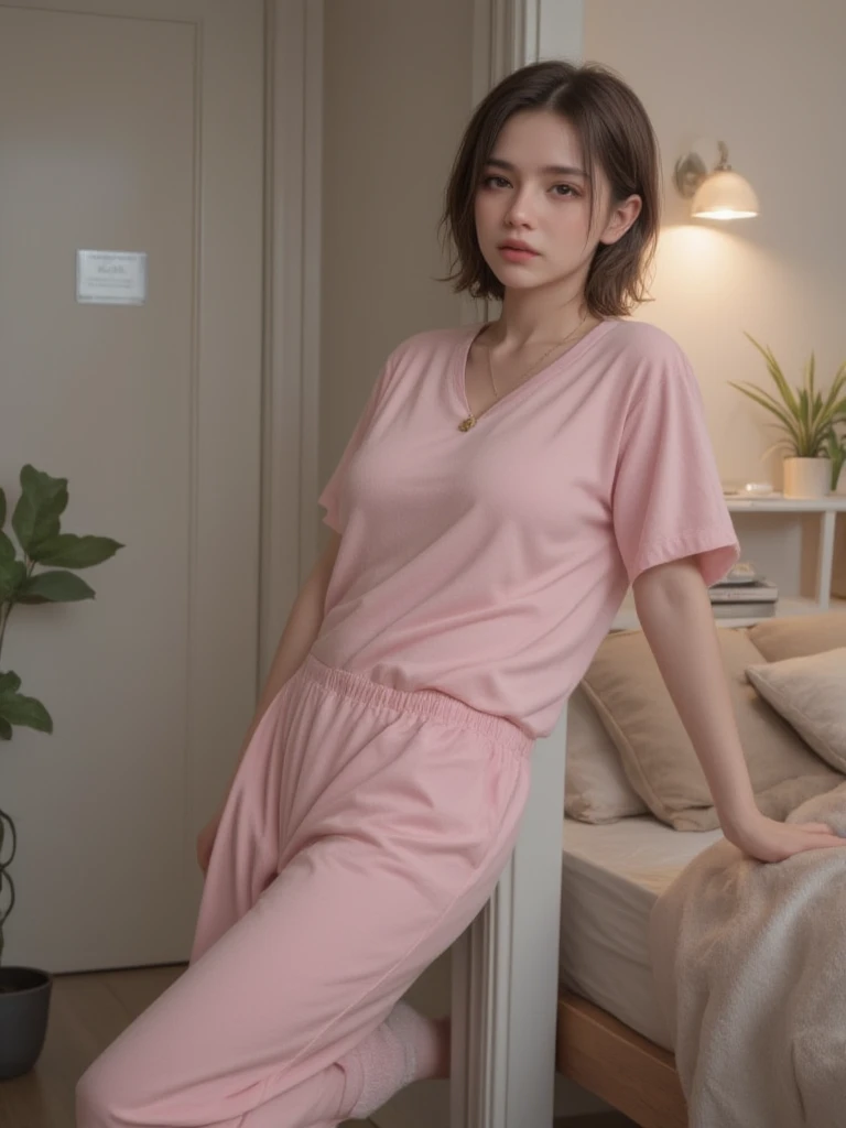 Sleeping girl, 22 years old, realistic, she is wearing long pants, she is wearing pink pajama, brown hair.