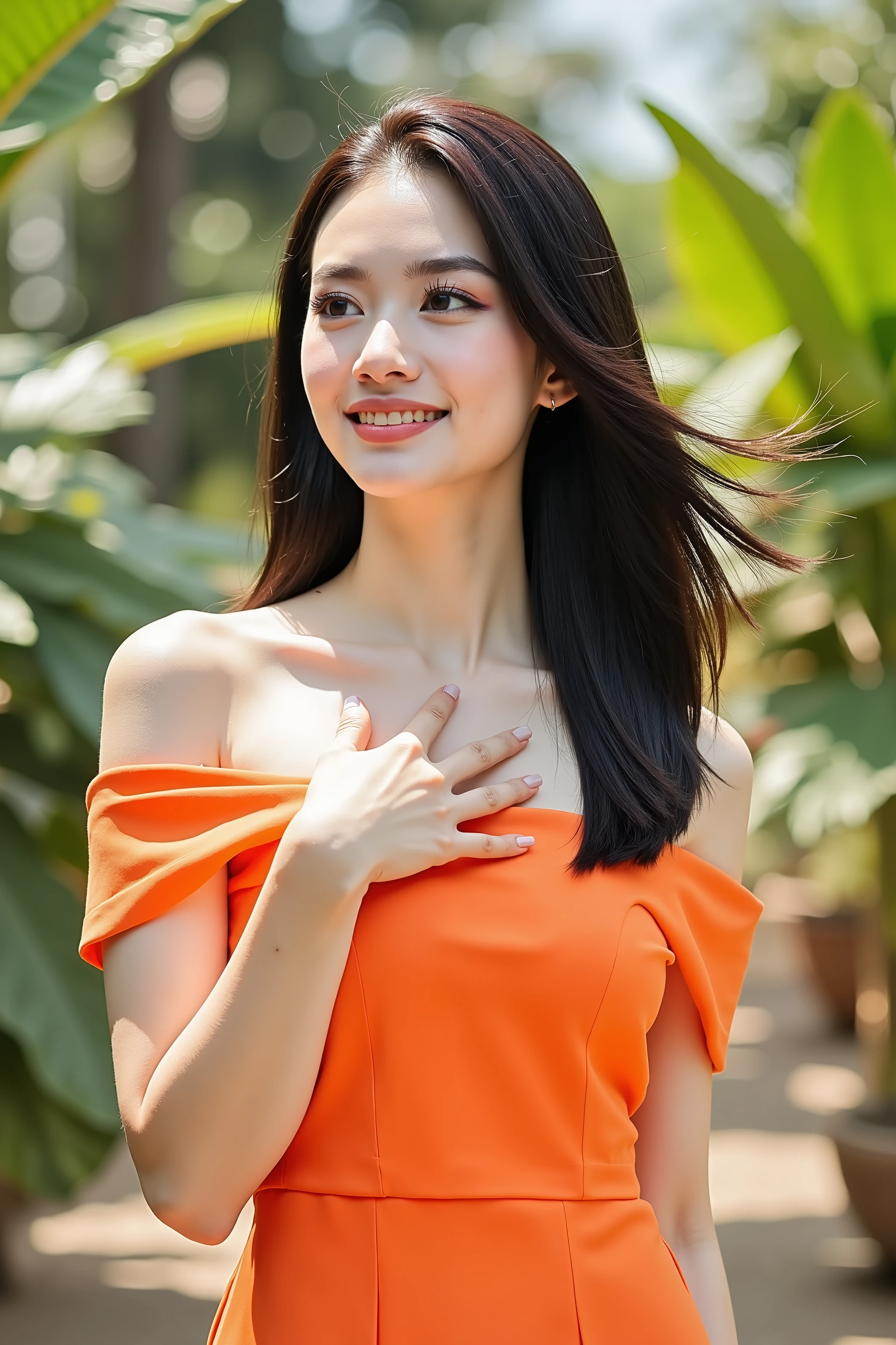 close up shot photo, Instagram model, realistic portrait photo of a beautiful Asian woman, she wearing on orange color sundress with bare shoulder, put a hand on chest, sunlights outline her figure, medium breasts, wind gently blowing her hair, she standing in a tropical garden, summer vibe, depth of field, bokeh