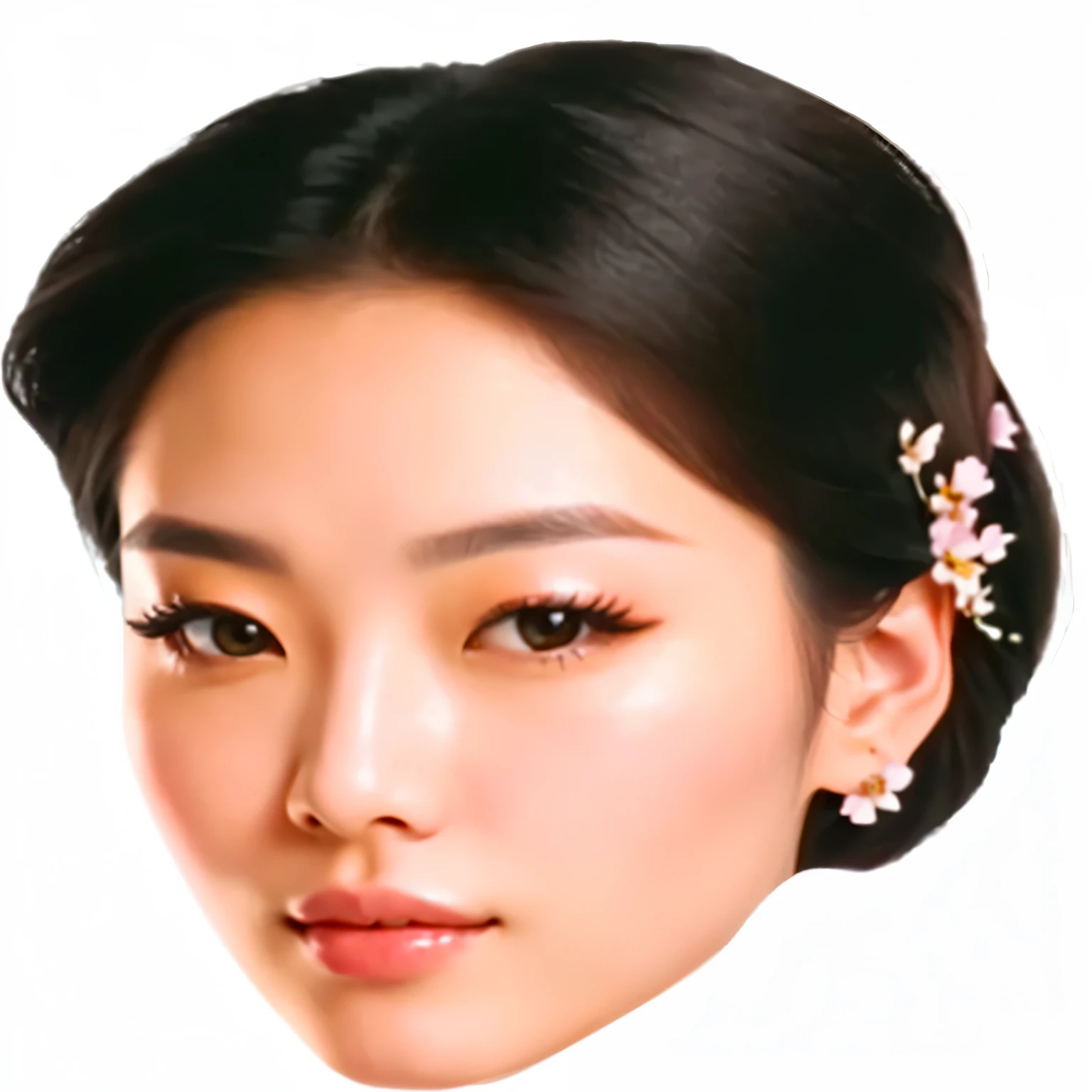 a close up of a woman with a flower in her hair, inspired by Sim Sa-jeong, inspired by Yun Du-seo, inspired by Jeong Seon, korean symmetrical face, korean woman, young adorable korean face, beautiful south korean woman, realistic. cheng yi, south east asian with round face, beautiful young korean woman, lovely delicate face, korean face features