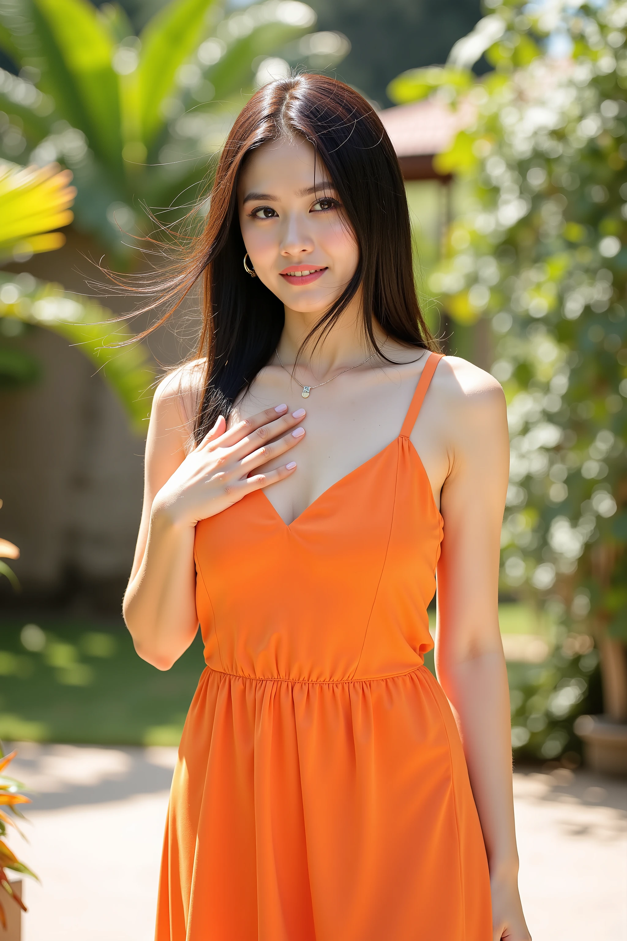 cowboy shot photo, Instagram model, realistic portrait photo of a beautiful Asian woman, she wearing on orange color sundress with bare shoulder, put a hand on chest, sunlights outline her figure, medium breasts, wind gently blowing her hair, she standing in a tropical garden, summer vibe, depth of field, bokeh