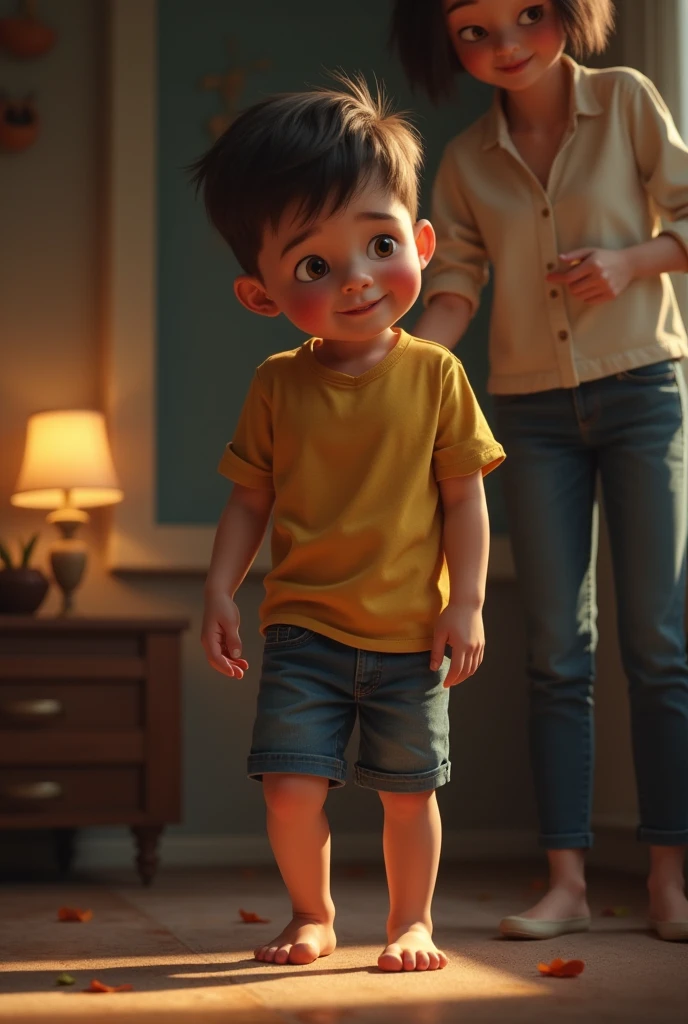 a young boy menolak uang dari grandmother. A detailed scene featuring a young boy. The boy has short, slightly messy dark brown hair and large, expressive eyes with a thoughtful yet determined expression. He wears slightly wrinkled t-shirt, black knee-length shorts, and brown sneakers. On his wrist is a simple watch. A detailed scene featuring a grandmother, white shoes.