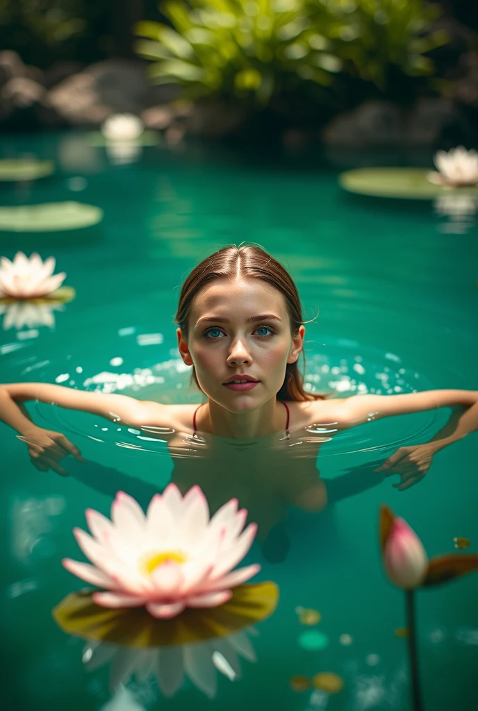 Aarav woman lies in the water with a lily pad on her face., Sleep on a lily pad, Lots of Merlot,  floating in a field of flowers, In the style of Petra Collins, Inspired by Elsa Belda, Dreamy and ethereal., In the pool, By Maud Naftel, Inspiration from Anka Zhuravleva, By Irakli Nadar