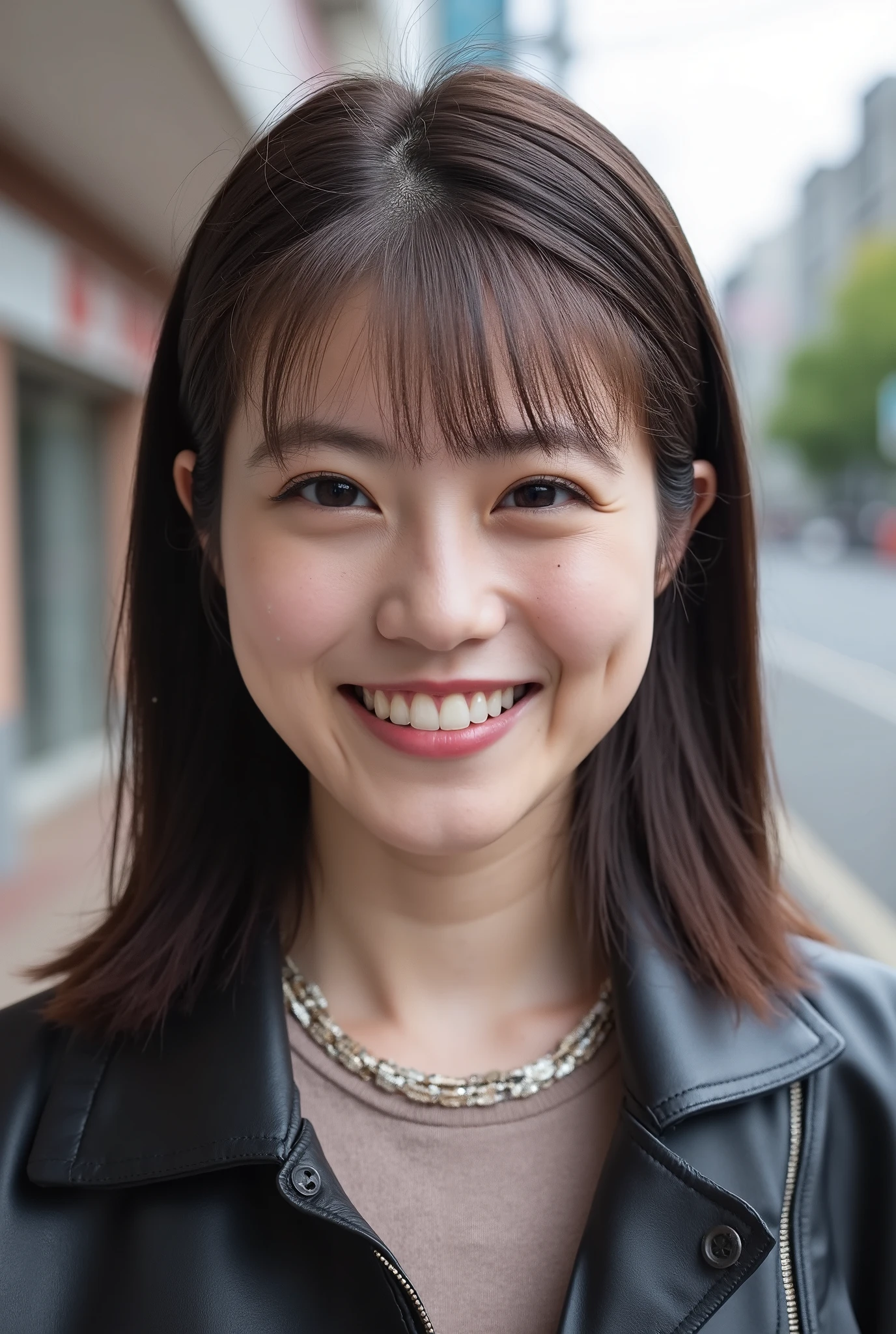 Beautiful young woman 、 Japanese Women、 pale brown hair、Hairstyle Semi Long、、Necklace around the neck、、leather jacket、shirt、smile, Beautiful teeth alignment、Highlight teeth、 ,The background is the town、Ear piercing