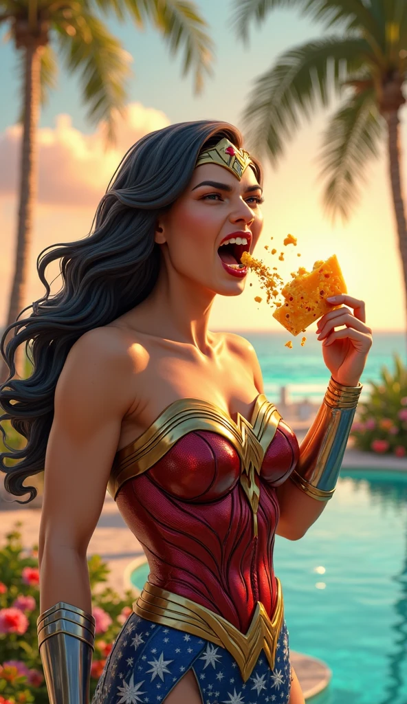 Wonder woman sits at a table with a big breakfast spread