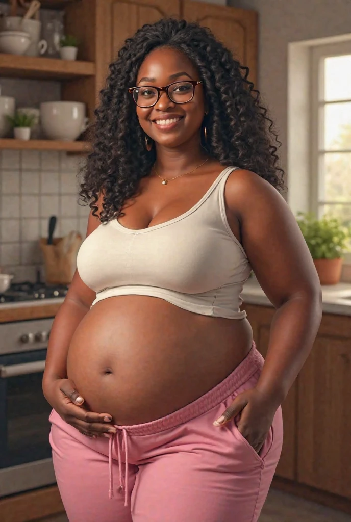 mature african girl, big , super big breasts, ((pregnant)), nice lips, halter top light blue with flower patterns, in the kitchen