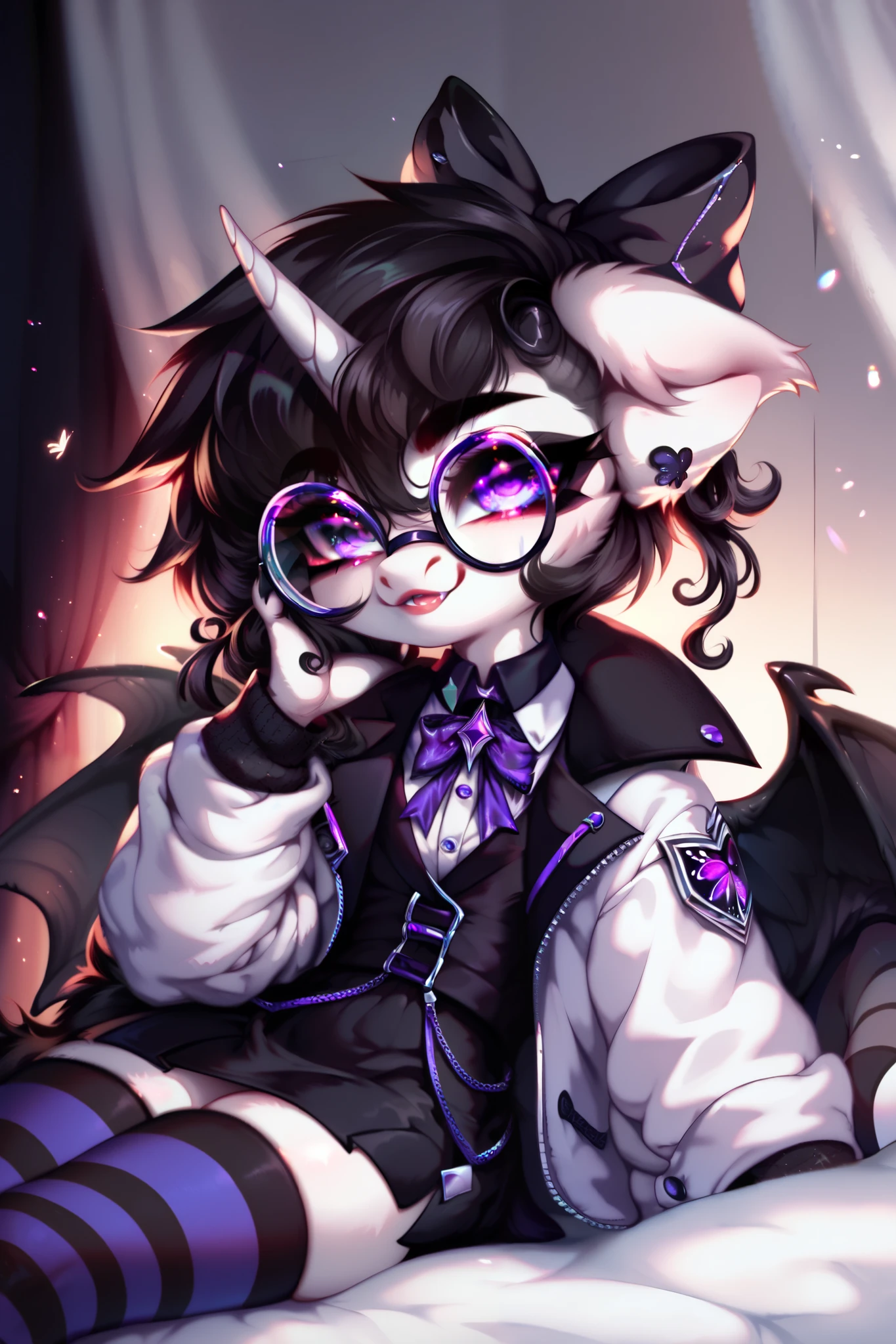 furry,with white coat color , Black hair, black tail, glow in purple, horn, hornа, wings, hair bow, black ear tips, big round glasses, left eye pink , right eye purple , black skirt, blazer with a white shirt and a red butterfly, black and white striped stockings, makeup, sexy look, cute soft face, in bed, soft style ,