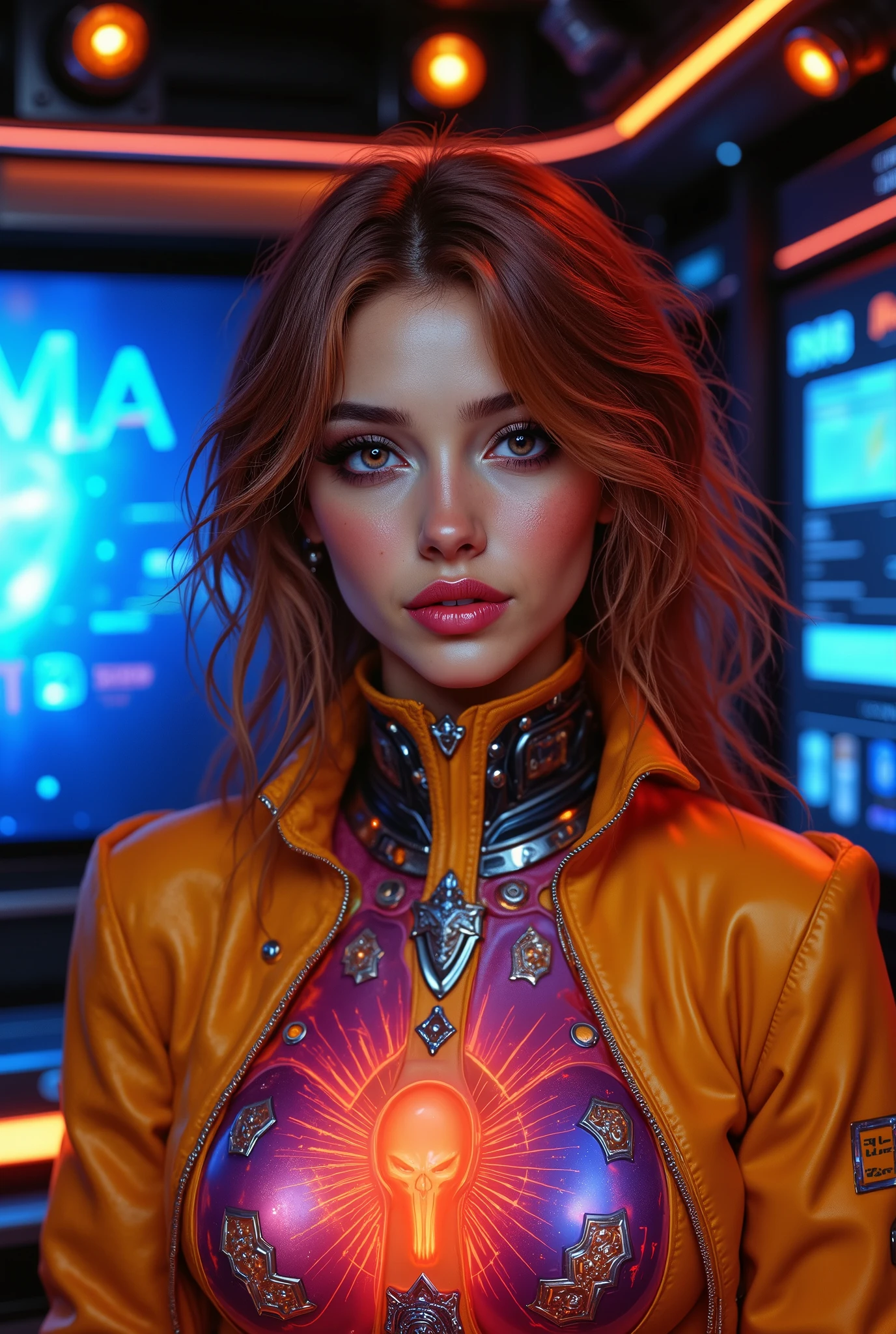 A beautiful female reporter from Space TV reporting from outer space, smiling radiantly like the sun, wearing vibrant pop-inspired costume, highly detailed face and expression, beautiful eyes and lips, ultra detailed, 8K, photorealistic, dramatic lighting, cinematic composition, sci-fi background, glowing futuristic technology