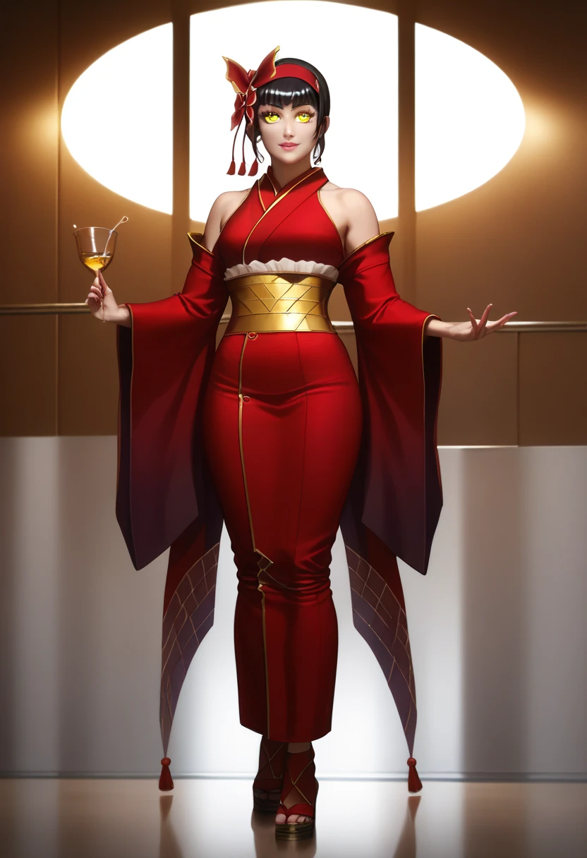((Dynamic view)), (((1girl:1.8))), ((exposed collarbone:1.5)) ((short hair:1.3)), style, ((red kimono band:1.4)), anime style, (((Erika))) (((black hair:1.6))) (((smoldering eyes))), ((kimono band around waist:1.5)), ((bright light:1.5)), 8k, 4k, Unreal Engine 5, octane render, ((gigantic breasts)), trending on pixiv, ((pokemon character)) ((green kimono:1.4)), , skeb, masterpiece,(skindentation:1.4), (full lips:1.5), ((red hair band:1.4)), (((sunset lighting))), smooth soft skin, big dreamy eyes, beautiful anime wide eyes, black background, concept art, digital painting,