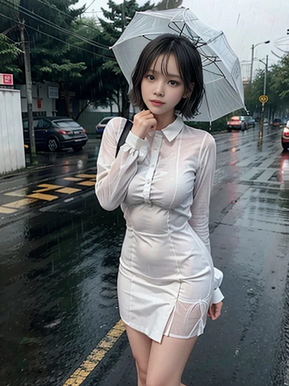 (Top image quality:1.2), (超A high resolution:1.2), (fidelity:1.4), 1 woman, 28 year old, ((a Pretty face)), (Wet clothes:1.4), ((Real rain)), ((Wet hair)), (Rain drips all over the body), Wavy short bob hair, Brown eyes, ((Shining Eyeshadow)), (prominent eyelashes), Glossy lips, (White blouse:1.2), (Black tight skirt:1.3), (Black High Heels:1.2), Black bra, Town, Despair, (Teardrops:1.2), (Crying face:1.2), Kneel down, One-person viewpoint, F/2.8, 135 mm, NIKON, masutepiece, Anatomically correct, high details, Best Quality, hard disk, 4K, 8K