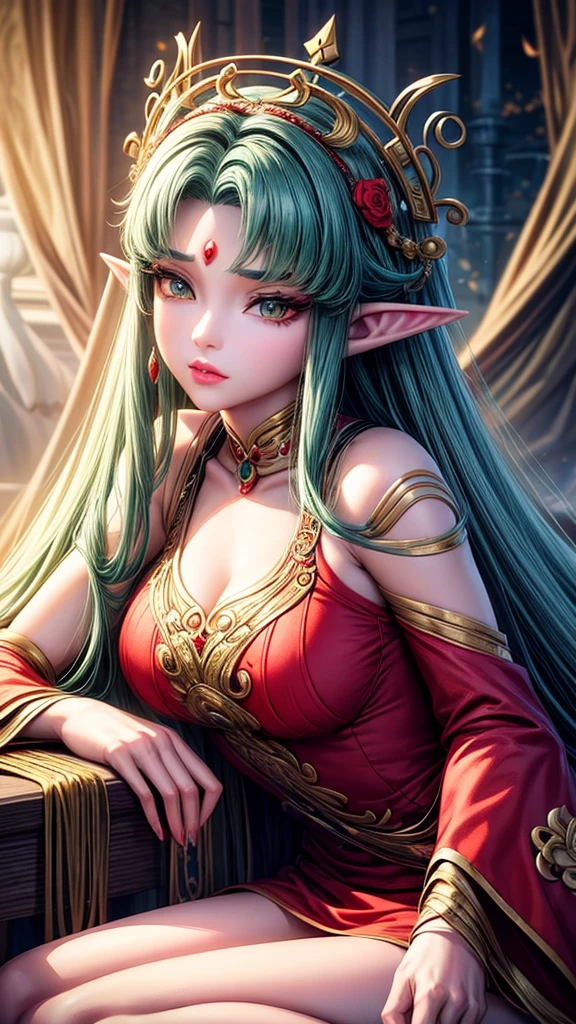 Close-up of a woman wearing a red dress and gold jewelry, ((Elf ears)),Royal sisters,Excellent appearance,Queen Medusa,Beautiful and elegant queen, portrait of queen, xianxia, Beautiful fantasy queen, xianxia fantasy, Beautiful young wind elf, Inspired by trees, ((Beautiful fantasy queen)), Zhao Yun, xianxia hero, 3D animation realistic, full-body xianxia, Smooth anime CG art