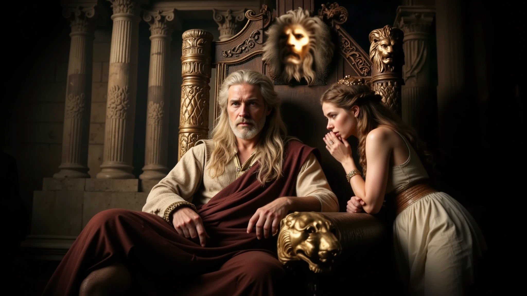 50 years old. Bearded. Long hair. Serious, thoughtful, worried. King Eurystheus, seated on his throne, deep in thought. King Eurystheus is seated on his wooden throne adorned with golden lions, in Ancient Greece. He has white skin, gray hair, and appears to be about forty years old. Beside him is the princess, a young woman of 18 with long, wavy light brown hair, whispering in her father's ear. The scene is depicted in a realistic and epic film style, capturing the grandeur and atmosphere of Ancient Greece.