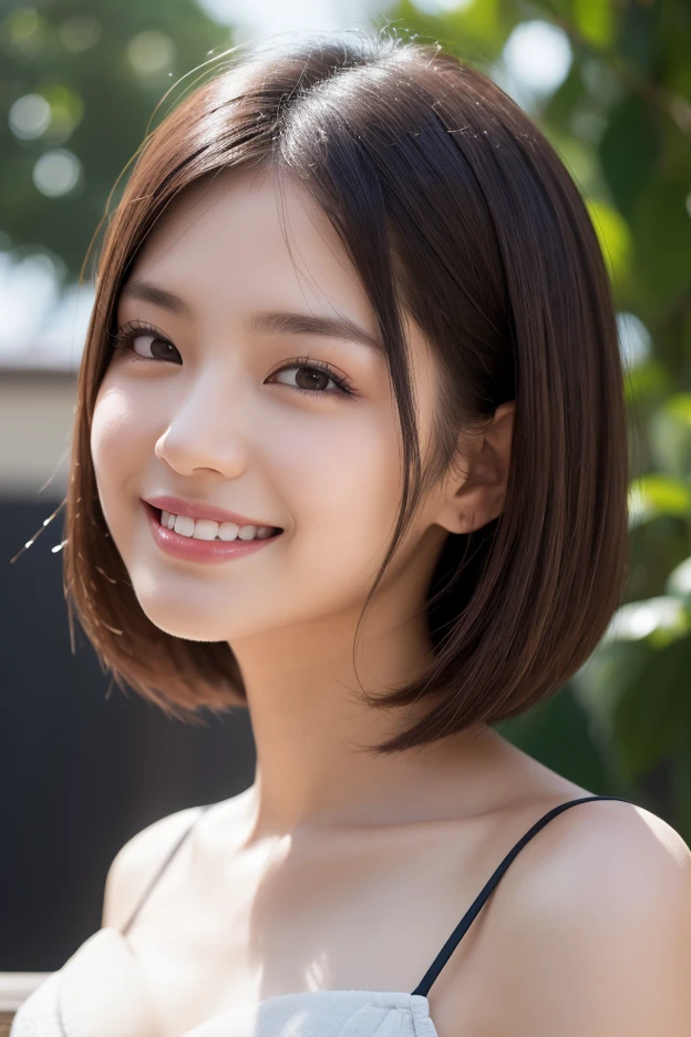 (Highest quality、8k、32K、masterpiece、Hmph:1.2)、cute日本人女性の写真、Big ample breasts、Very short bob hair、Upper body、Face Focus、Simple Background、From above、View Viewerix4、(8k、RAW Photos、Highest quality、masterpiece:1.2)、(Realistic、Photorealistic:1.37)、One Girl、cute、Professional Lighting、Photon Mapping、Physically Based Rendering、Gradient brunette hair、Short Curly Hair、Handsome、Girlish、Excellent image quality、High resolution、1080P、(Clear Face)、(Detailed face description)、(Detailed hand description)、(Masseter muscle area)、(Exquisite CGI)、 Extreme light and shadow、My hair is messy、masterpiece、Rich details、(Exquisite facial features)、(Best image quality)、(masterpiece)、(Detailed eyes)、I look forward to seeing you、Delicate clavicle、Various poses、looking at the camera、profile、smiling,Toothy smile,
