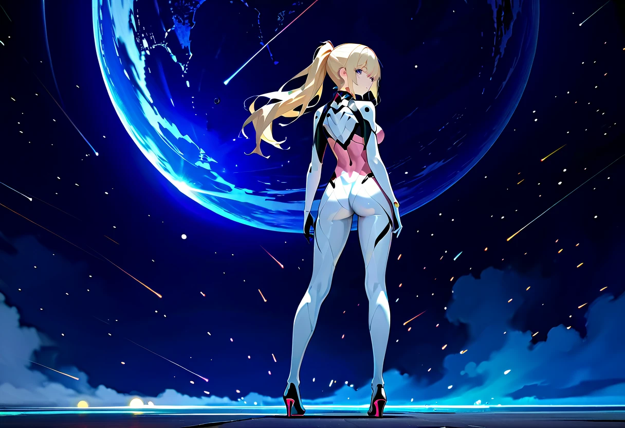 sandy hair muscular large breasts ,slender thighs, slender waist, pilot suit, solo looking at viewer in space long hair blushing determination fully clothed, very beautiful, 8k